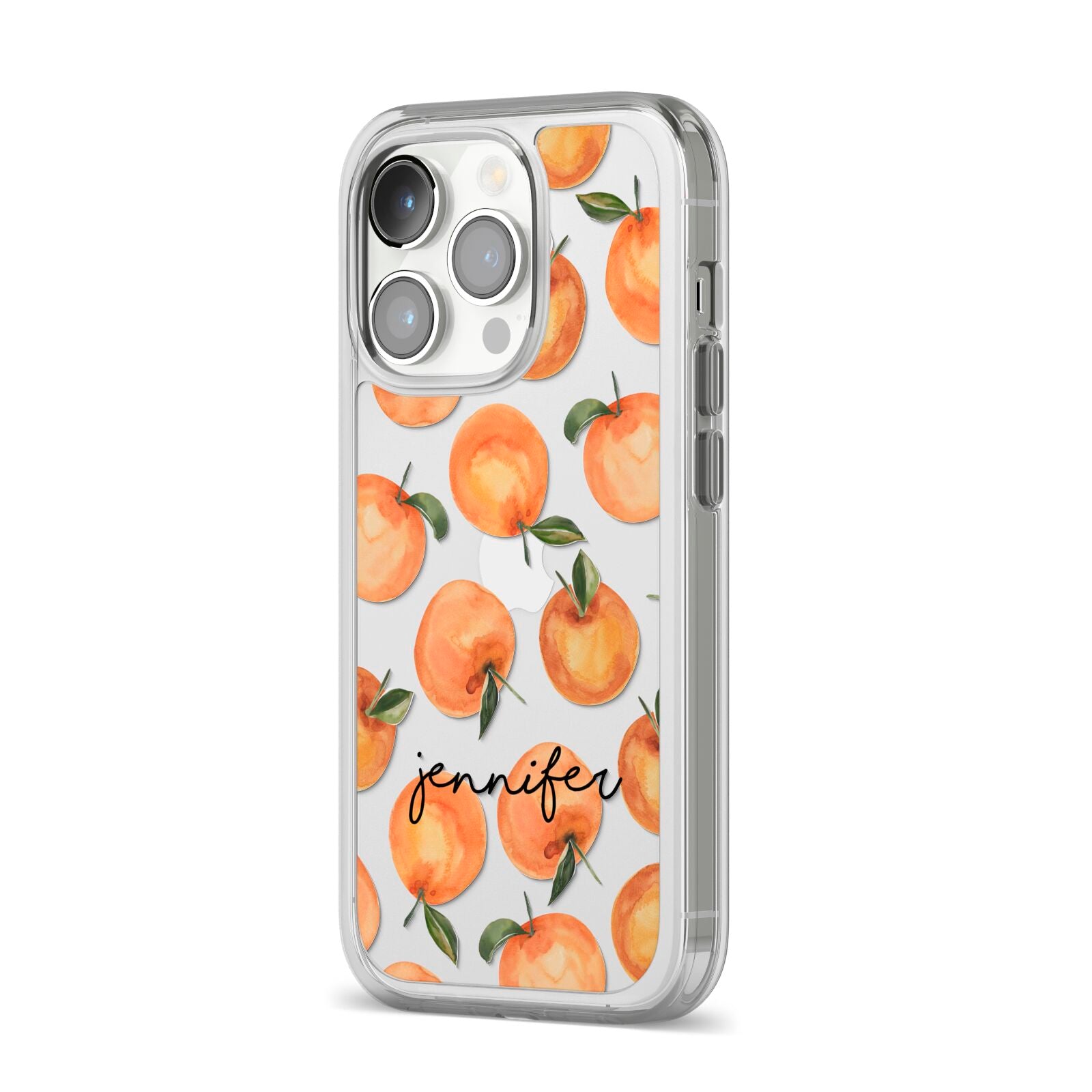 Personalised Oranges Name iPhone 14 Pro Clear Tough Case Silver Angled Image