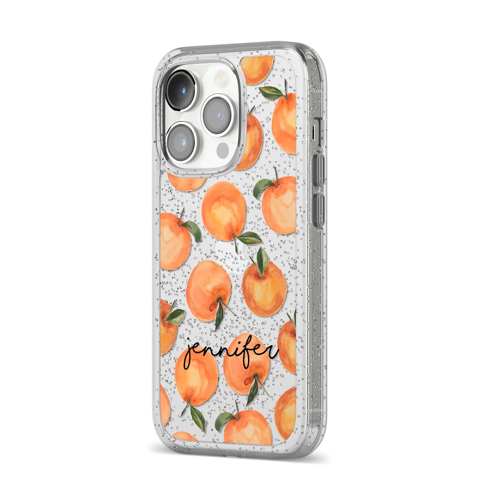 Personalised Oranges Name iPhone 14 Pro Glitter Tough Case Silver Angled Image