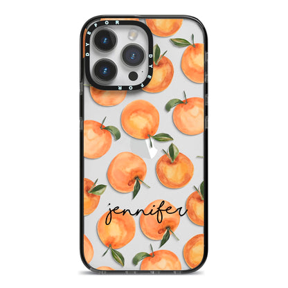 Personalised Oranges Name iPhone 14 Pro Max Black Impact Case on Silver phone