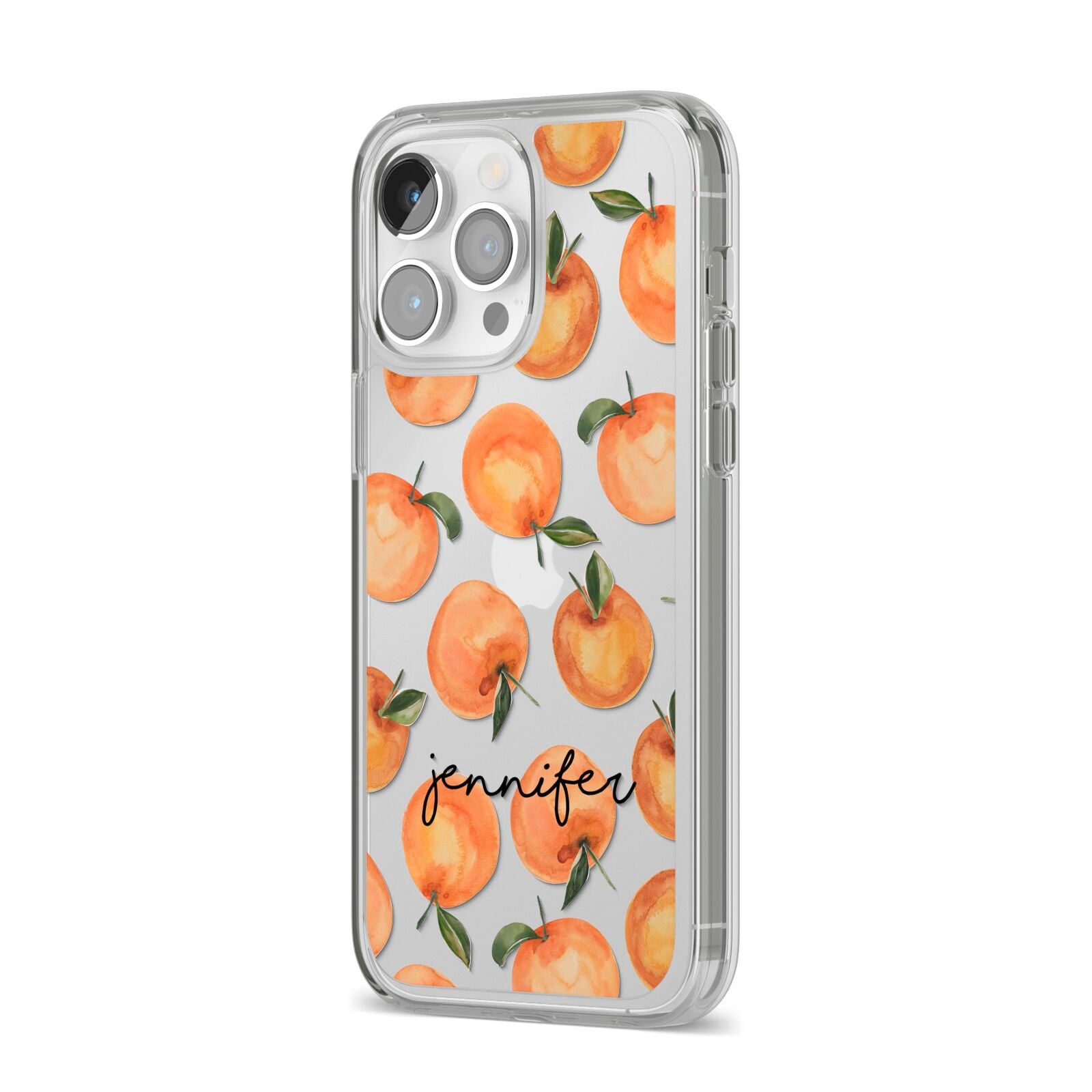 Personalised Oranges Name iPhone 14 Pro Max Clear Tough Case Silver Angled Image