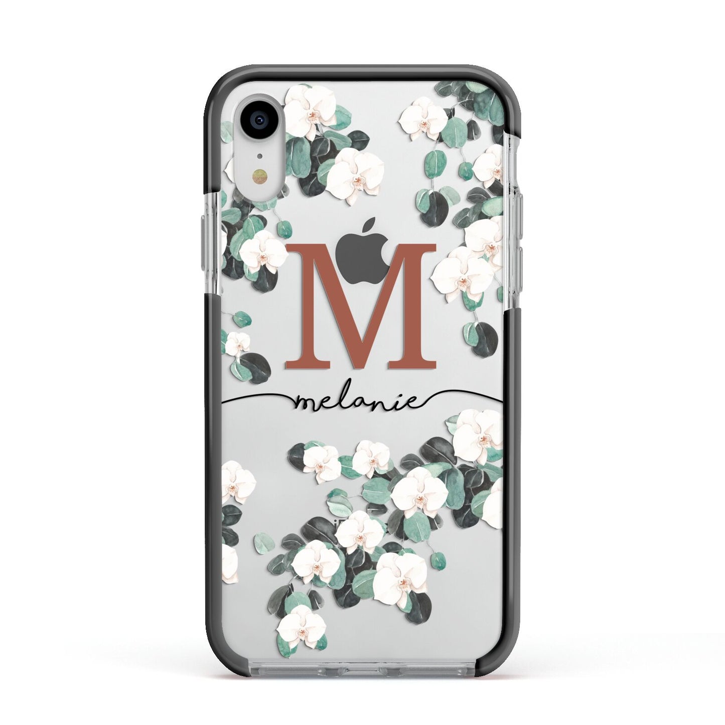 Personalised Orchid Apple iPhone XR Impact Case Black Edge on Silver Phone