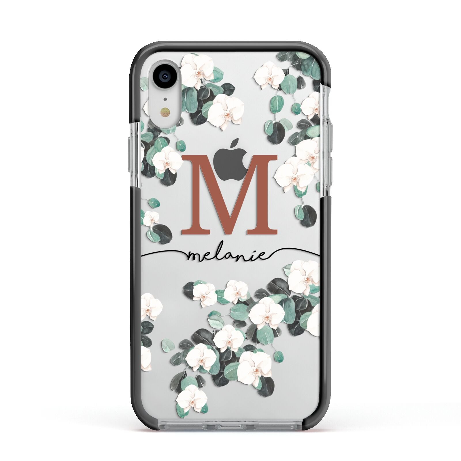 Personalised Orchid Apple iPhone XR Impact Case Black Edge on Silver Phone