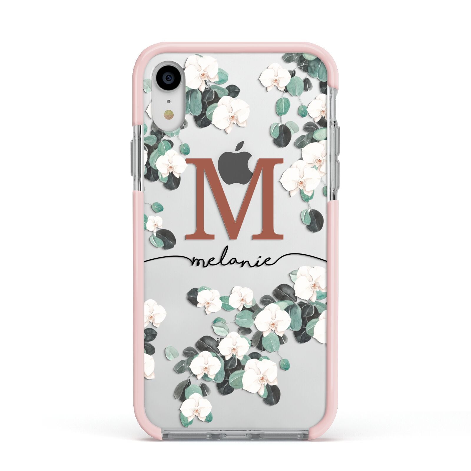 Personalised Orchid Apple iPhone XR Impact Case Pink Edge on Silver Phone
