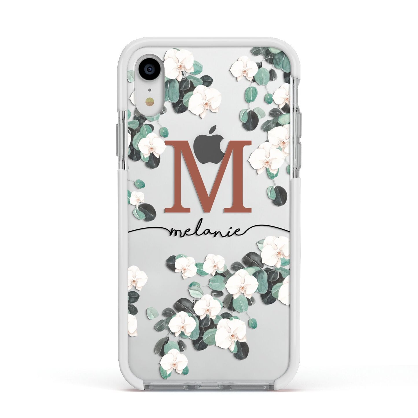 Personalised Orchid Apple iPhone XR Impact Case White Edge on Silver Phone