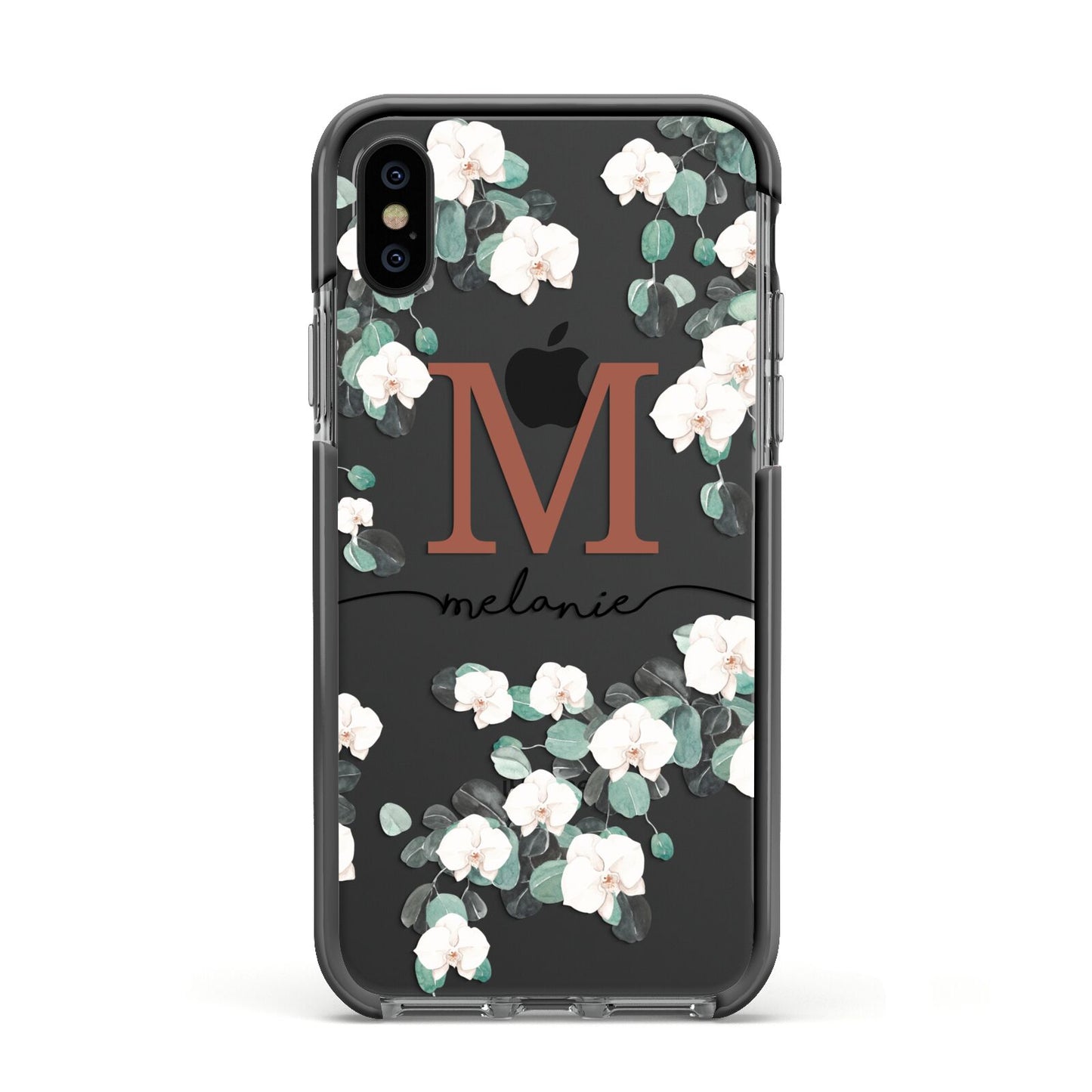 Personalised Orchid Apple iPhone Xs Impact Case Black Edge on Black Phone