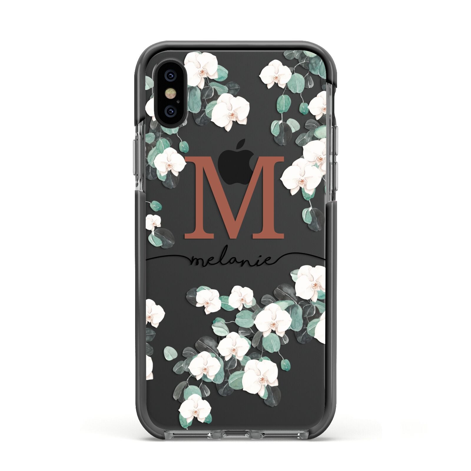 Personalised Orchid Apple iPhone Xs Impact Case Black Edge on Black Phone