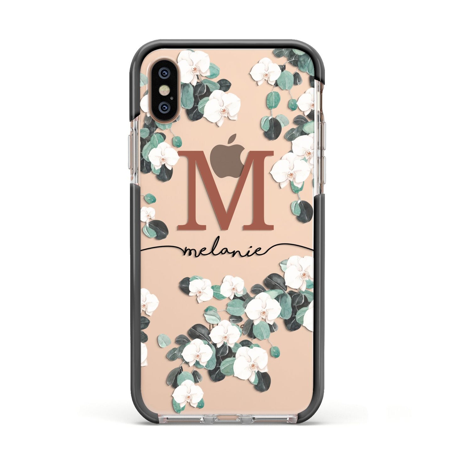 Personalised Orchid Apple iPhone Xs Impact Case Black Edge on Gold Phone