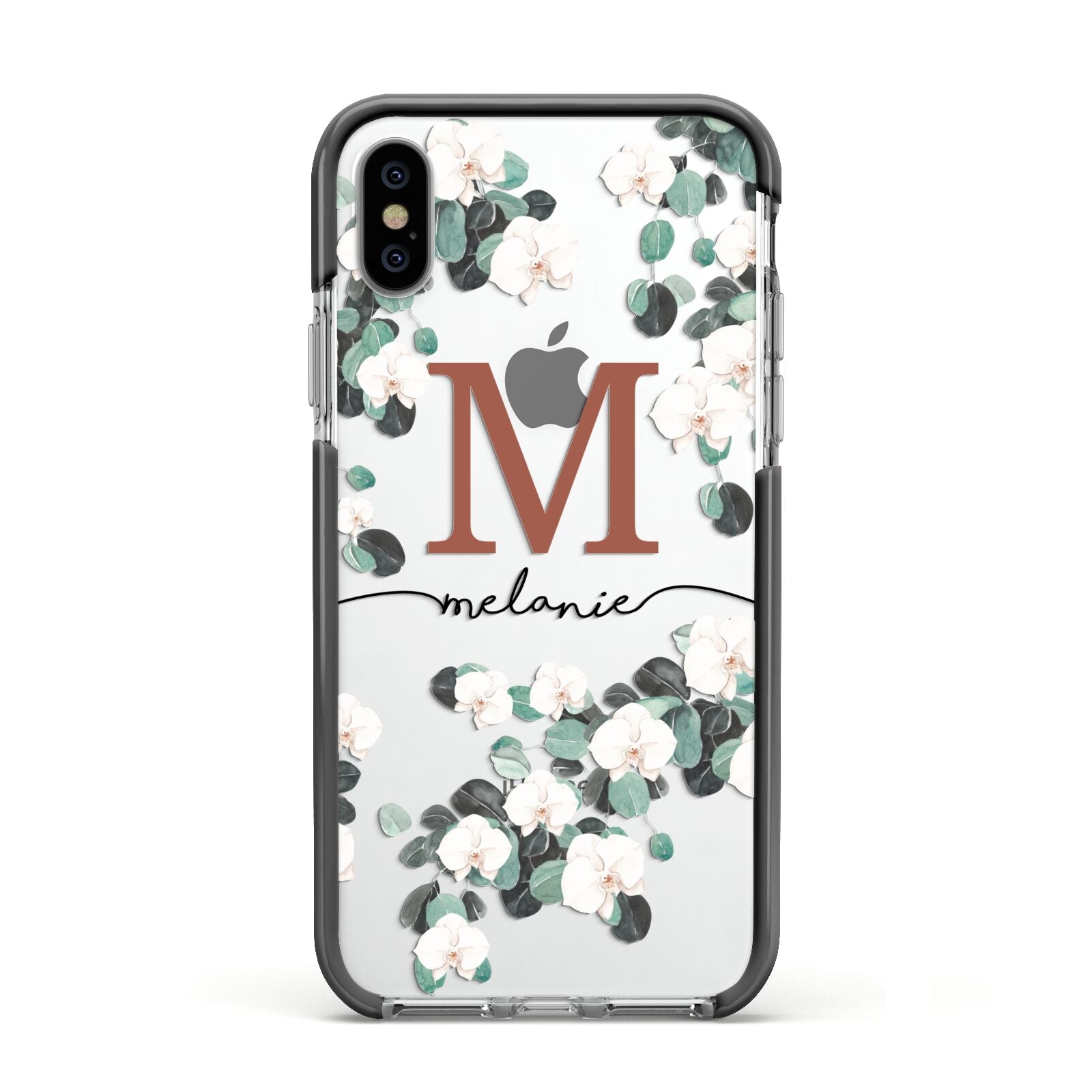 Personalised Orchid Apple iPhone Xs Impact Case Black Edge on Silver Phone