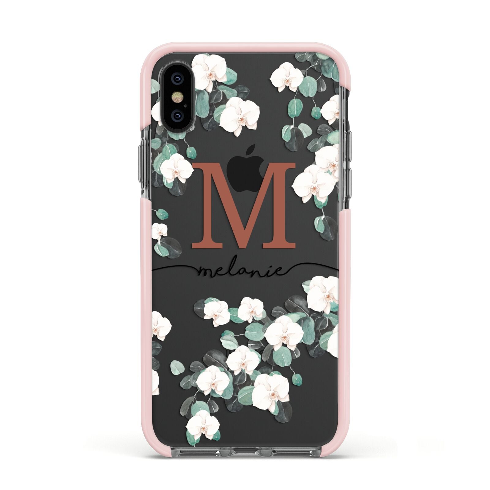 Personalised Orchid Apple iPhone Xs Impact Case Pink Edge on Black Phone