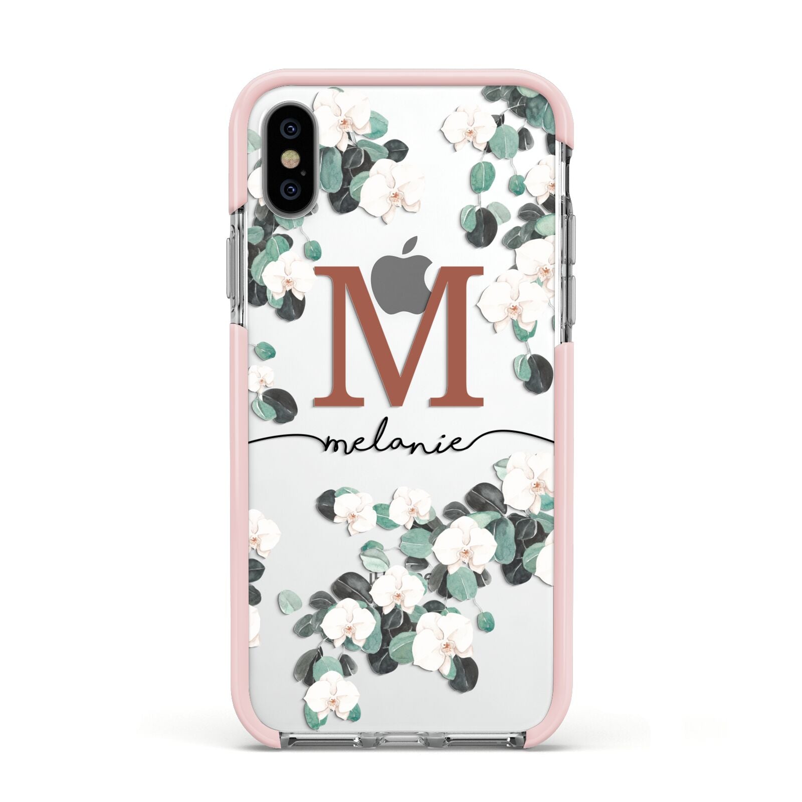 Personalised Orchid Apple iPhone Xs Impact Case Pink Edge on Silver Phone