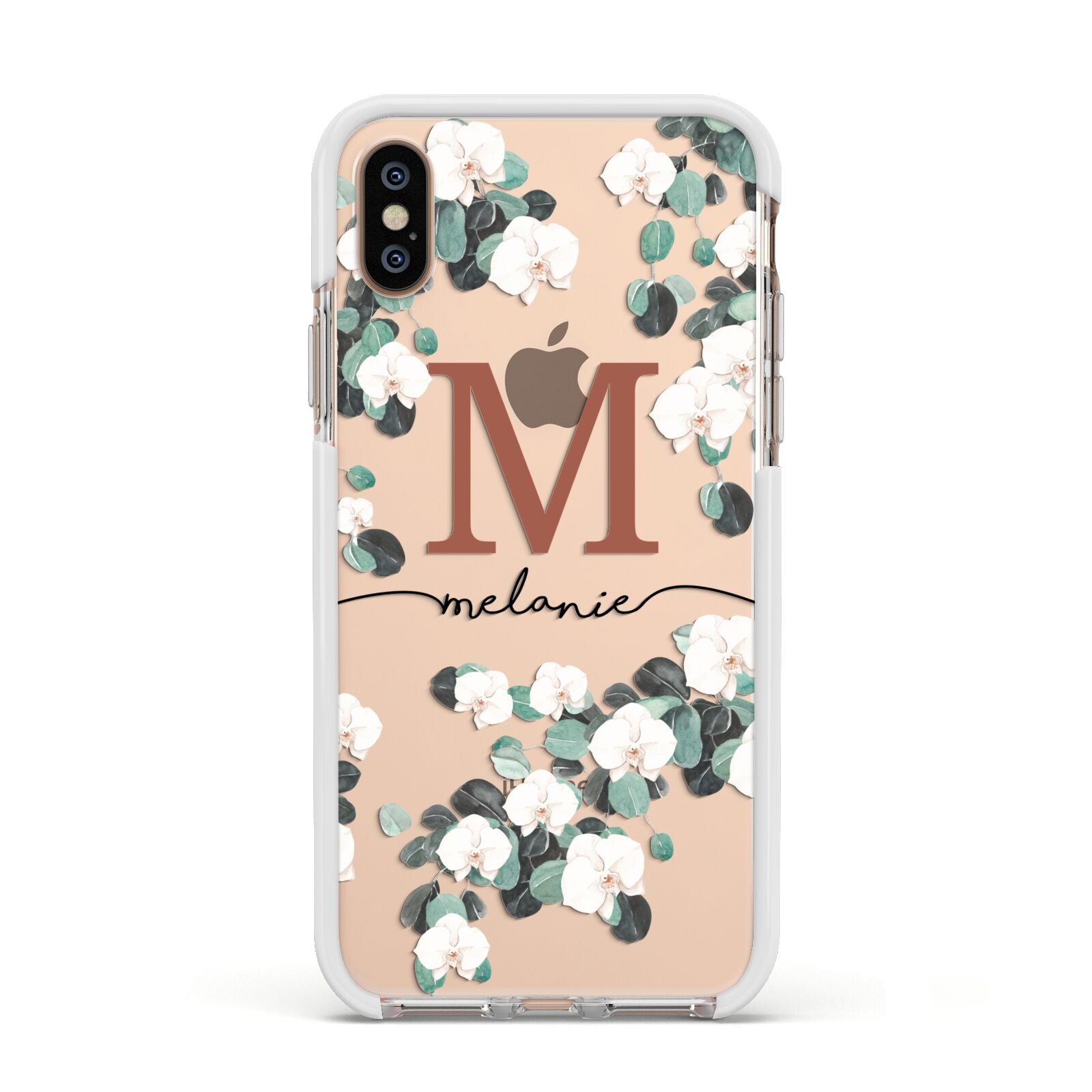 Personalised Orchid Apple iPhone Xs Impact Case White Edge on Gold Phone