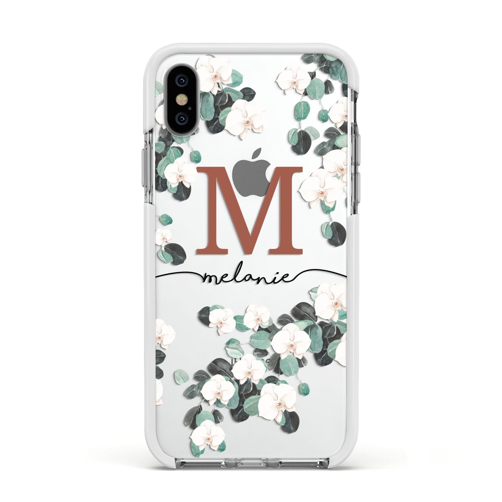 Personalised Orchid Apple iPhone Xs Impact Case White Edge on Silver Phone