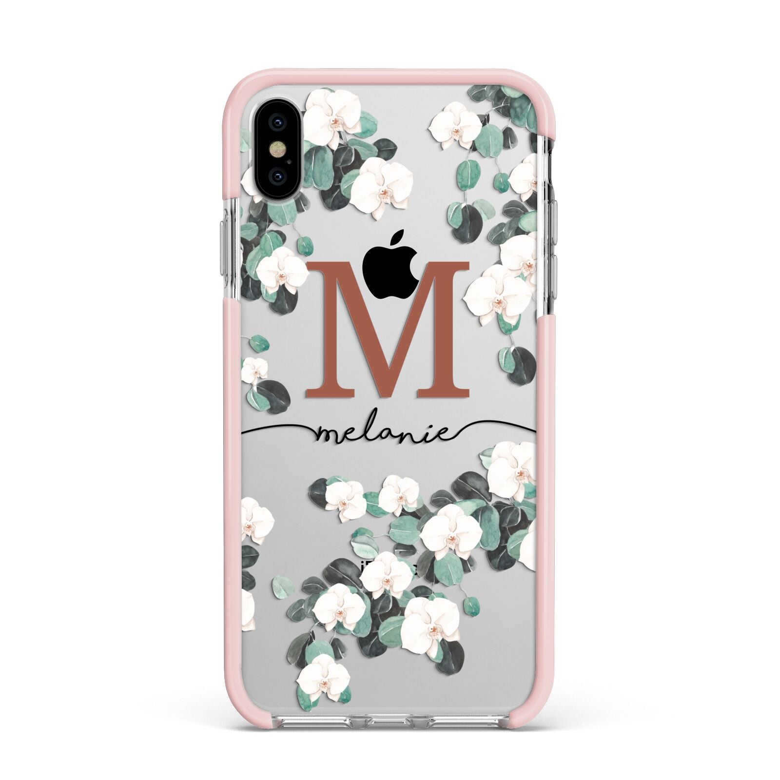 Personalised Orchid Apple iPhone Xs Max Impact Case Pink Edge on Silver Phone
