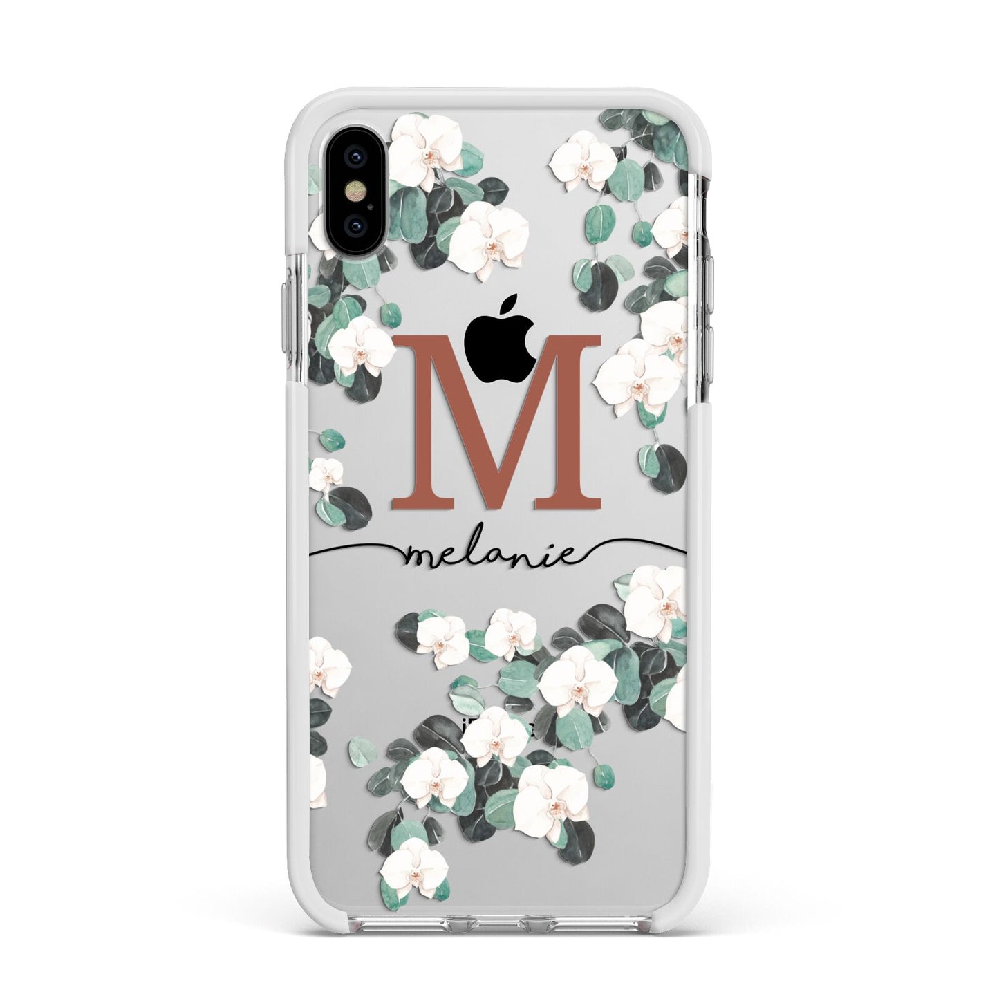 Personalised Orchid Apple iPhone Xs Max Impact Case White Edge on Silver Phone