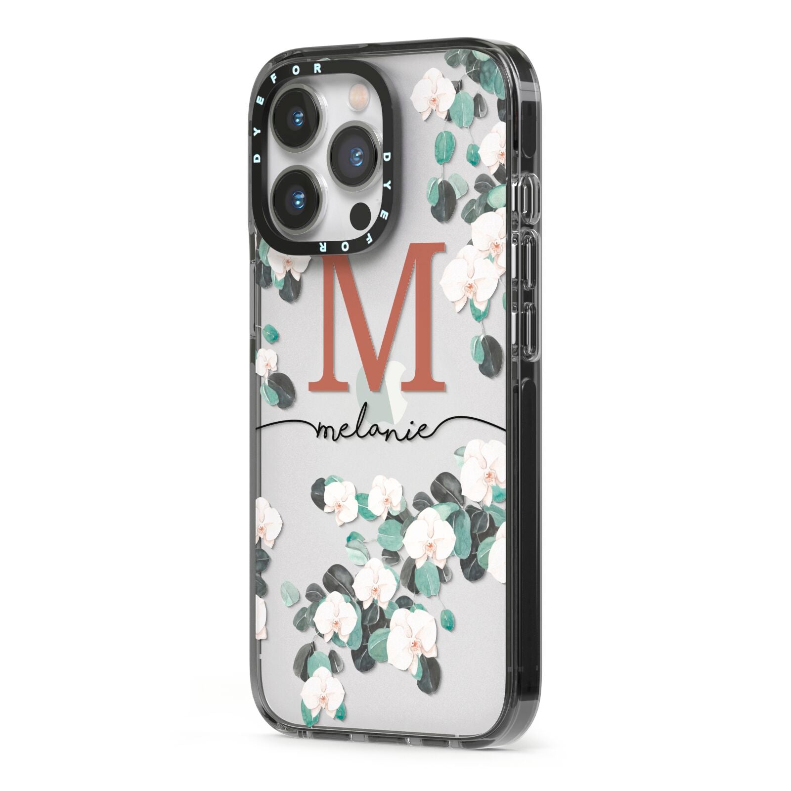 Personalised Orchid iPhone 13 Pro Black Impact Case Side Angle on Silver phone