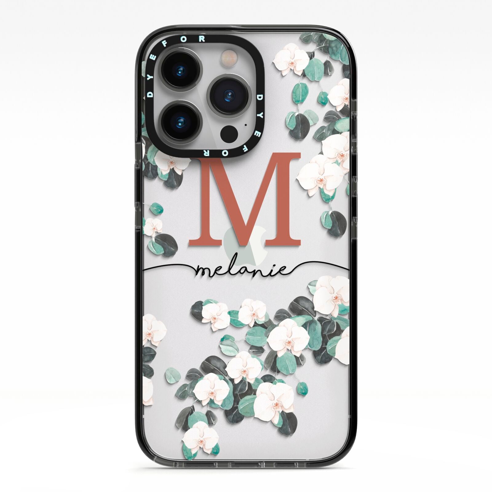 Personalised Orchid iPhone 13 Pro Black Impact Case on Silver phone
