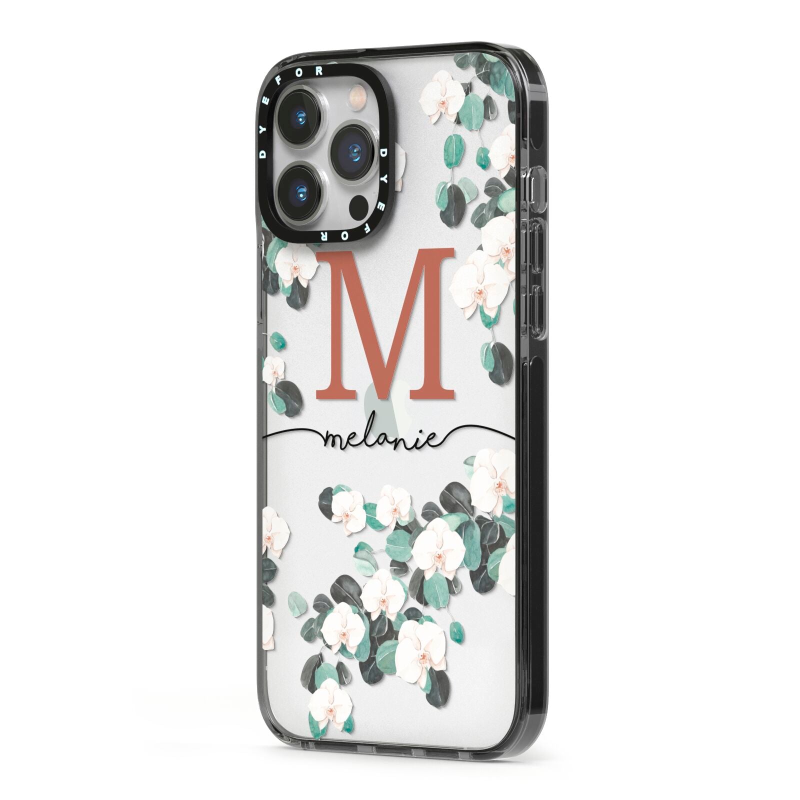 Personalised Orchid iPhone 13 Pro Max Black Impact Case Side Angle on Silver phone