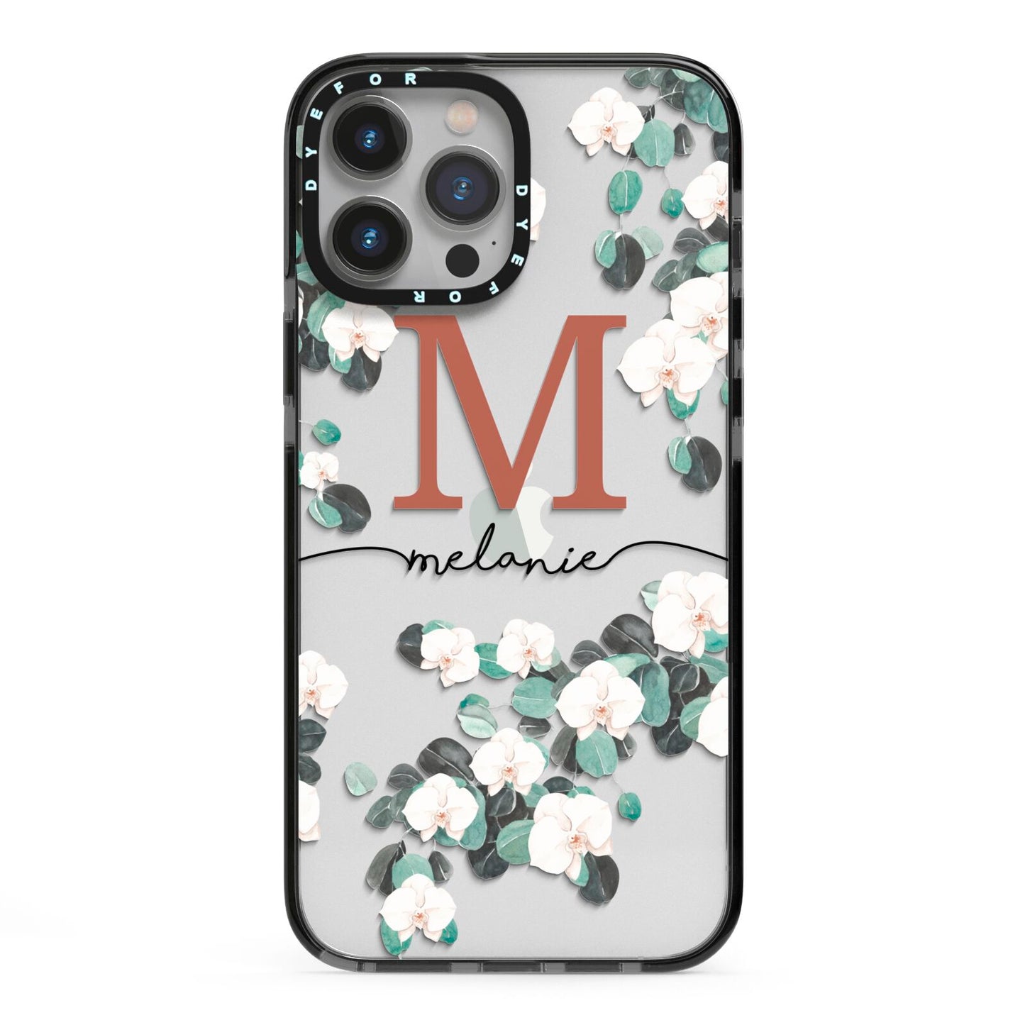 Personalised Orchid iPhone 13 Pro Max Black Impact Case on Silver phone