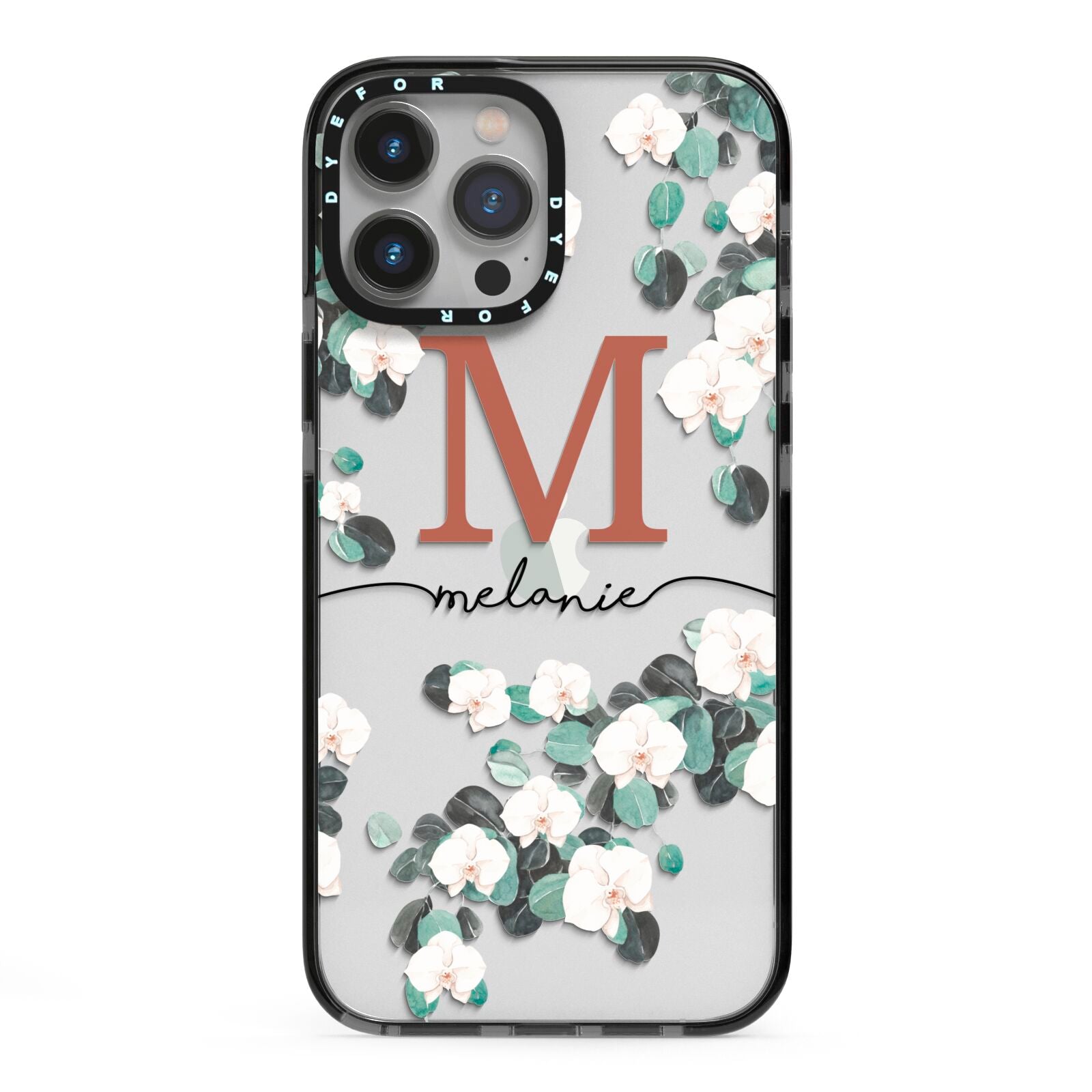 Personalised Orchid iPhone 13 Pro Max Black Impact Case on Silver phone