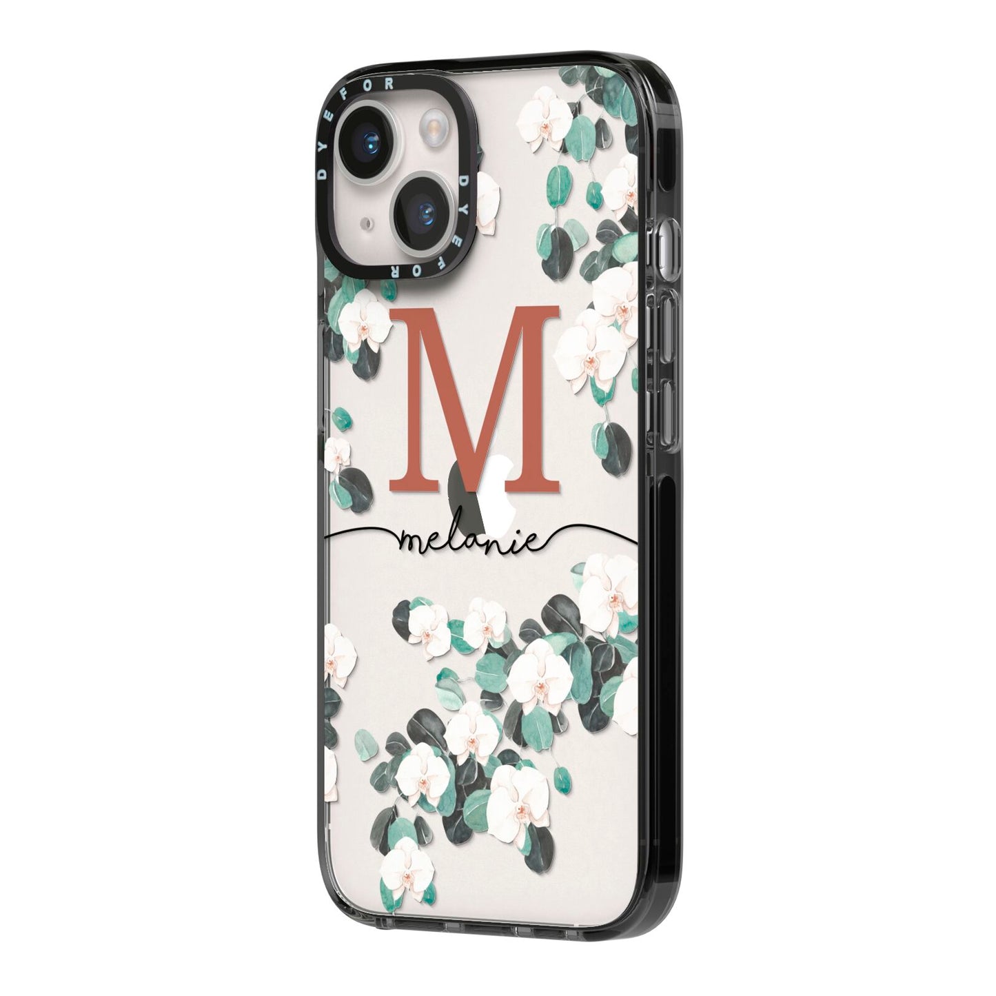 Personalised Orchid iPhone 14 Black Impact Case Side Angle on Silver phone