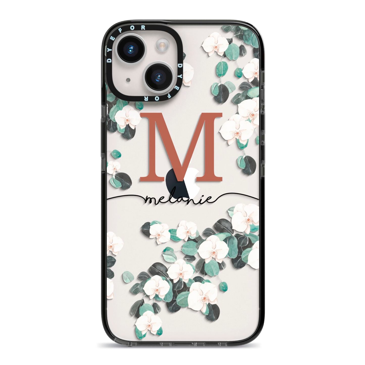 Personalised Orchid iPhone 14 Black Impact Case on Silver phone