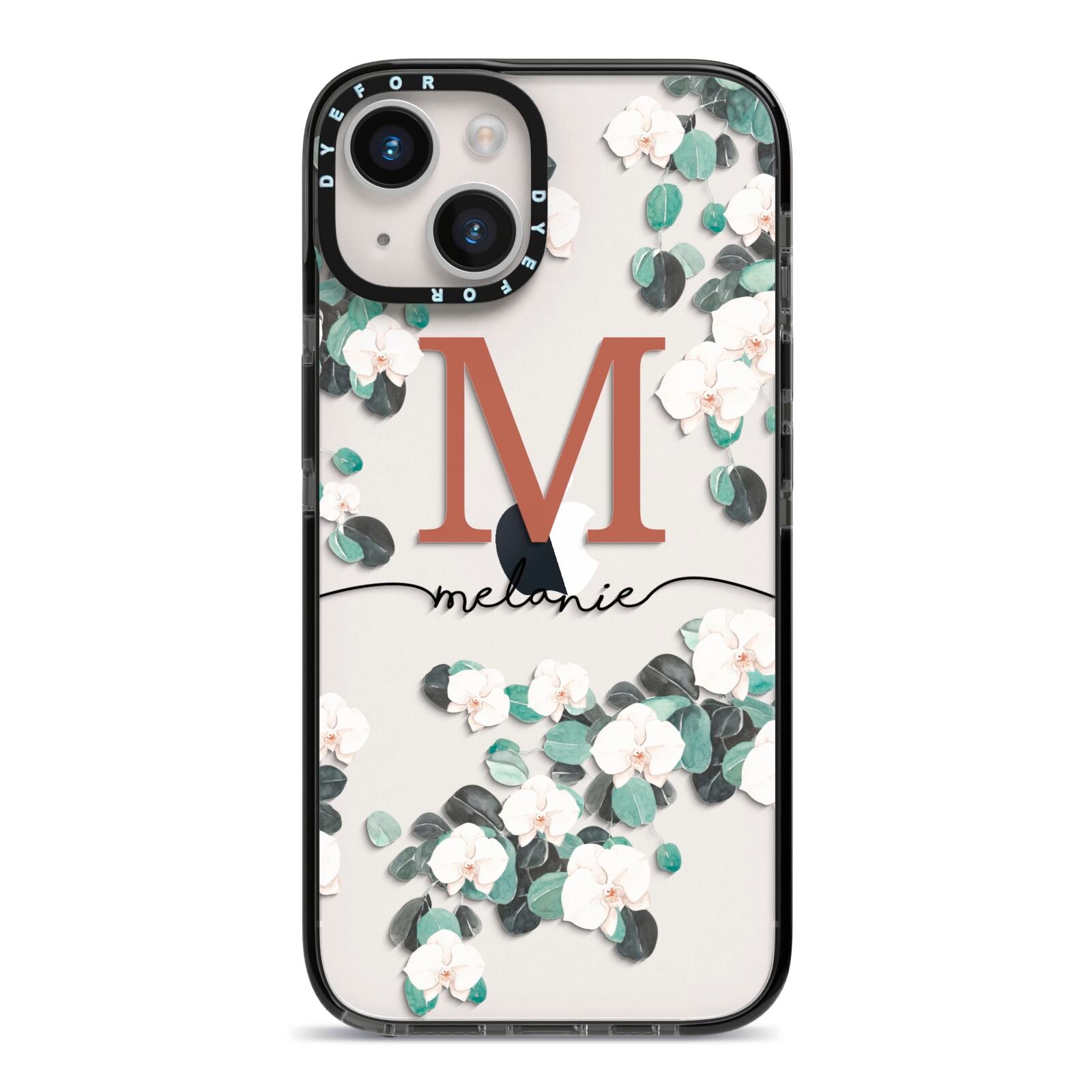 Personalised Orchid iPhone 14 Black Impact Case on Silver phone