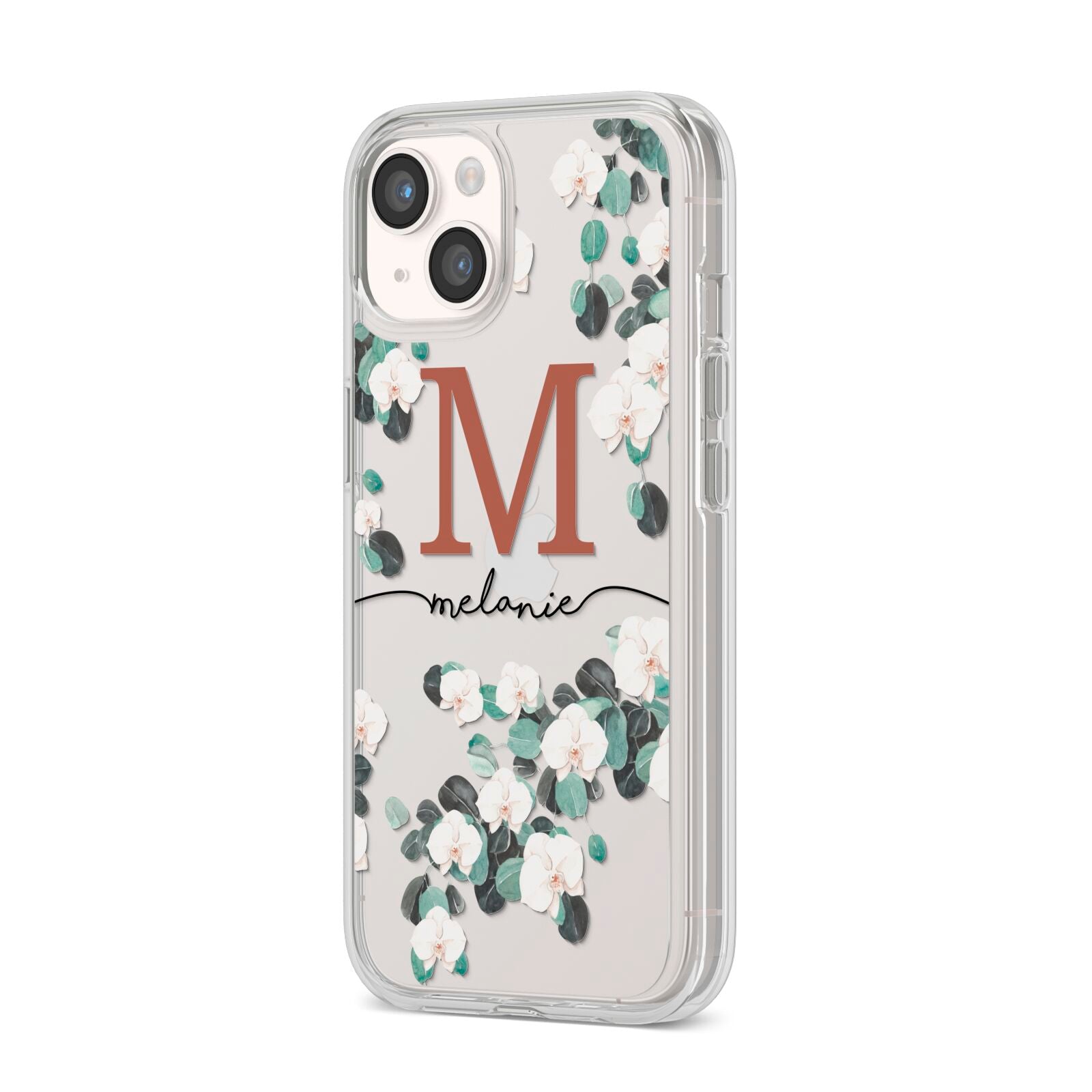 Personalised Orchid iPhone 14 Clear Tough Case Starlight Angled Image