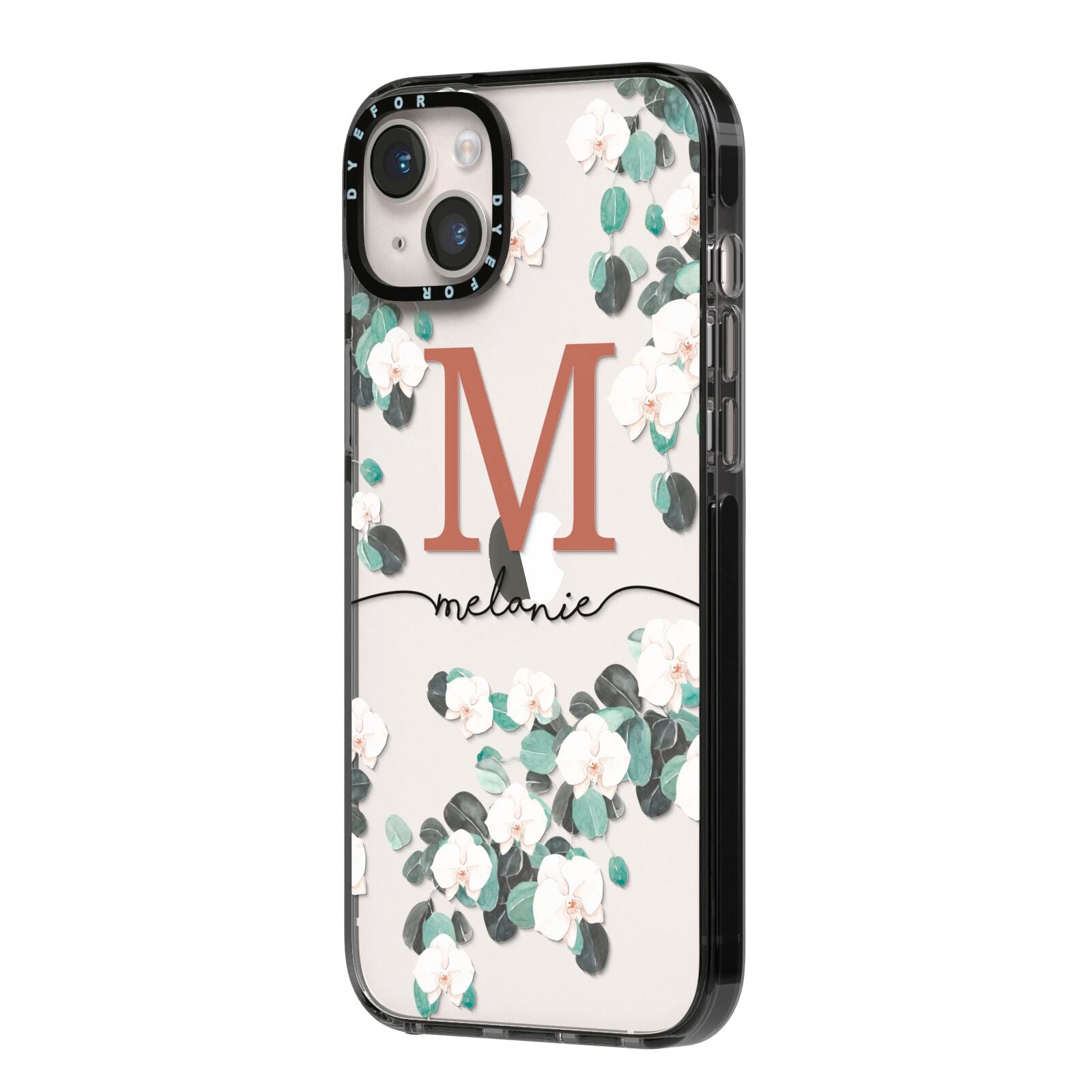 Personalised Orchid iPhone 14 Plus Black Impact Case Side Angle on Silver phone