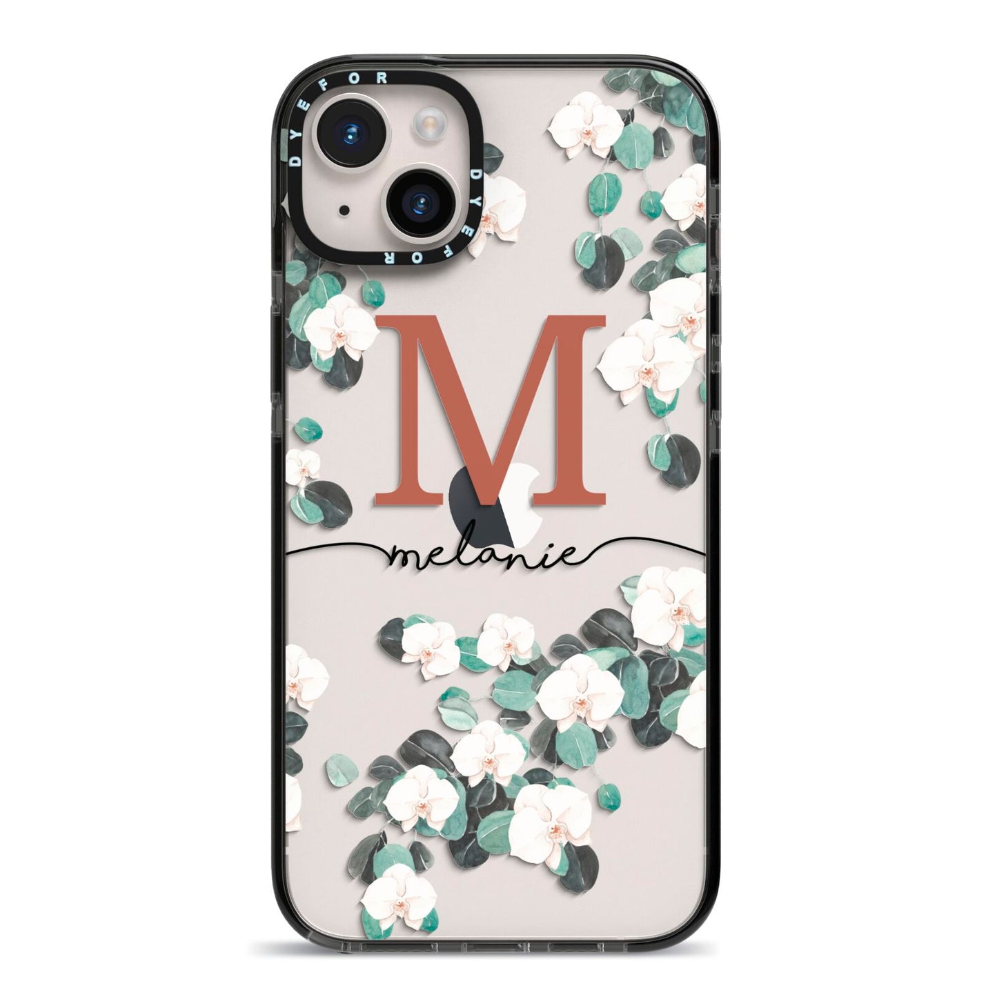 Personalised Orchid iPhone 14 Plus Black Impact Case on Silver phone