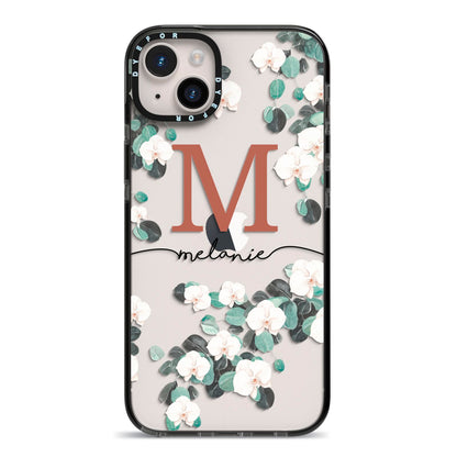 Personalised Orchid iPhone 14 Plus Black Impact Case on Silver phone