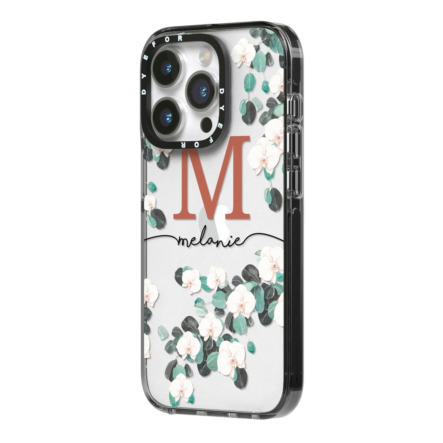Personalised Orchid iPhone 14 Pro Black Impact Case Side Angle on Silver phone