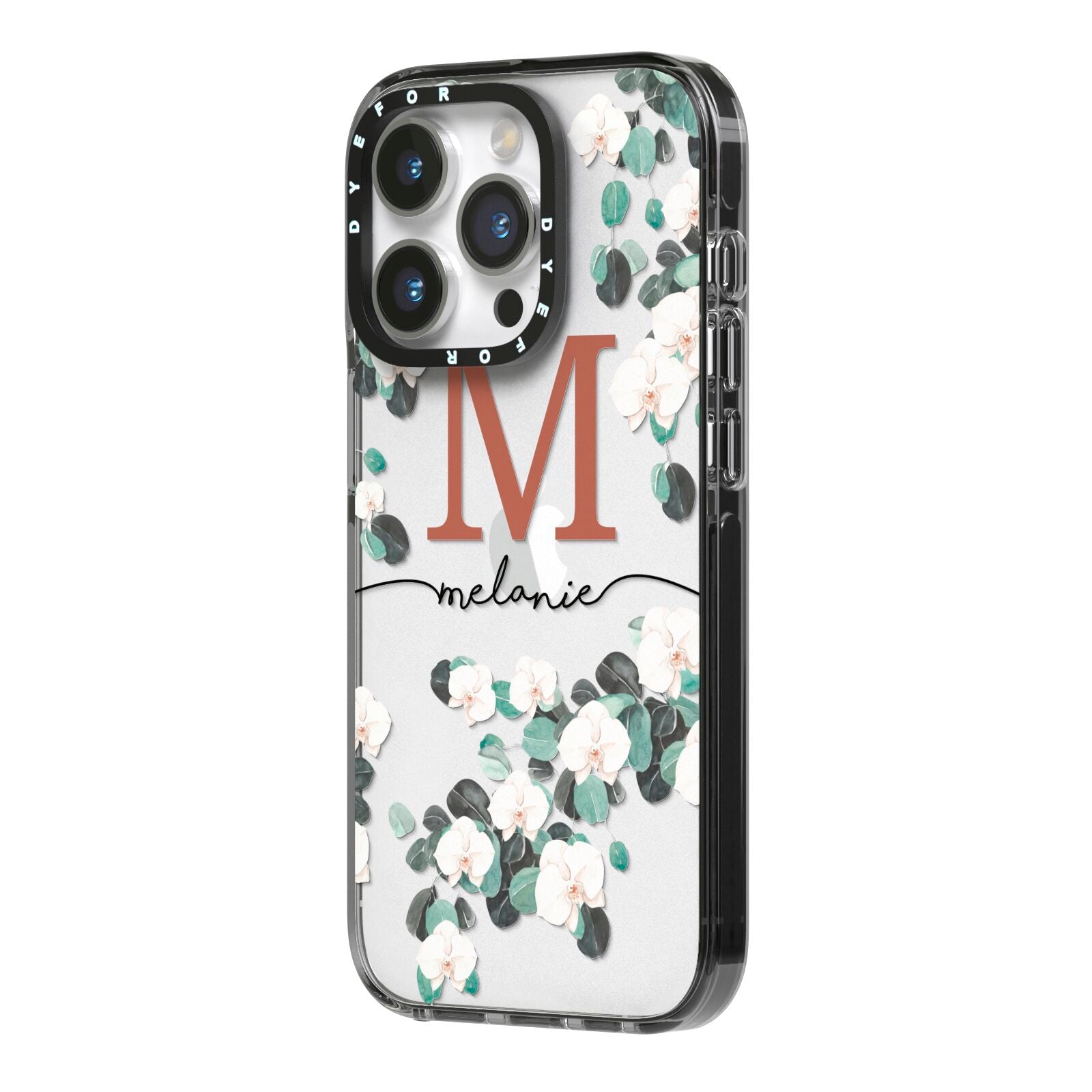 Personalised Orchid iPhone 14 Pro Black Impact Case Side Angle on Silver phone
