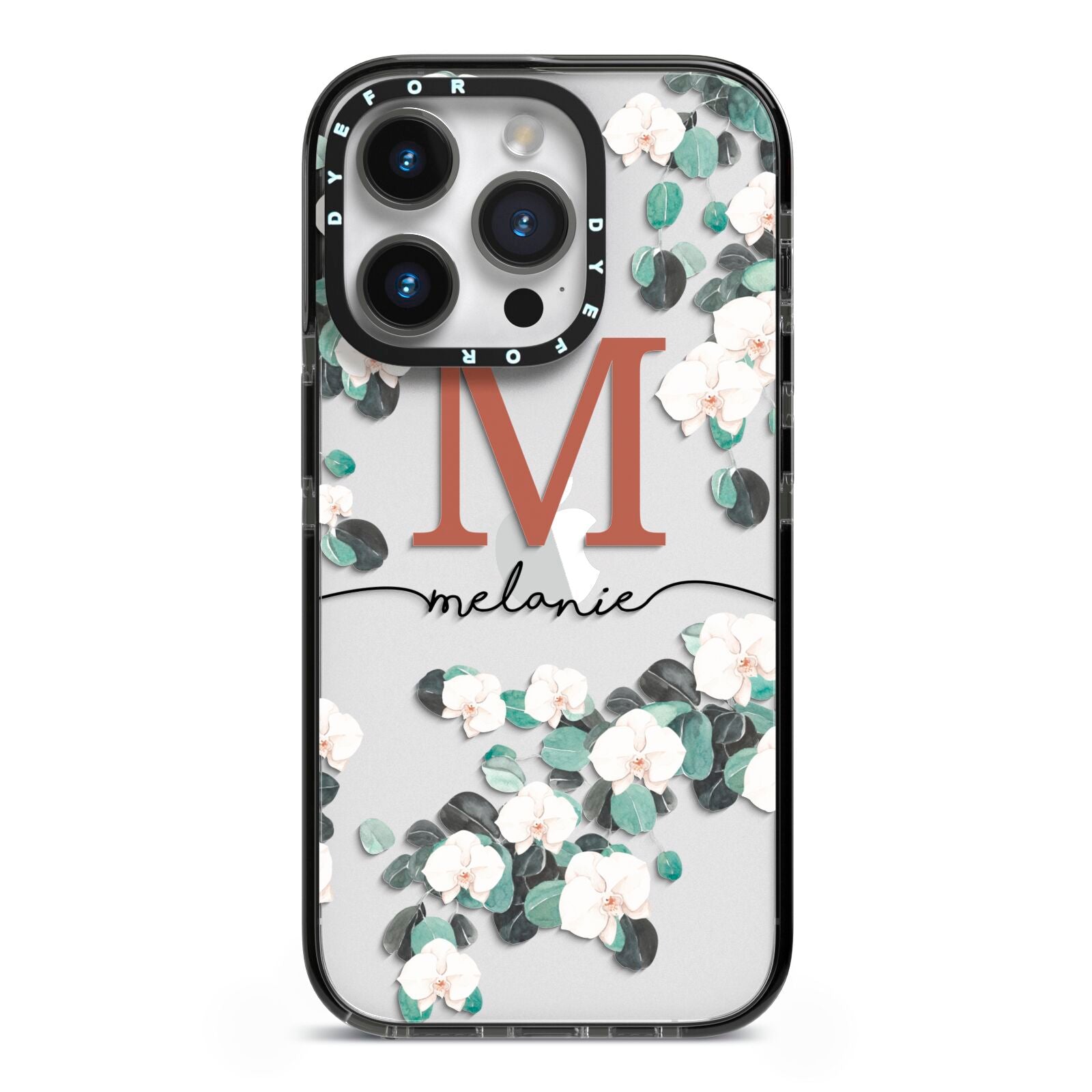 Personalised Orchid iPhone 14 Pro Black Impact Case on Silver phone