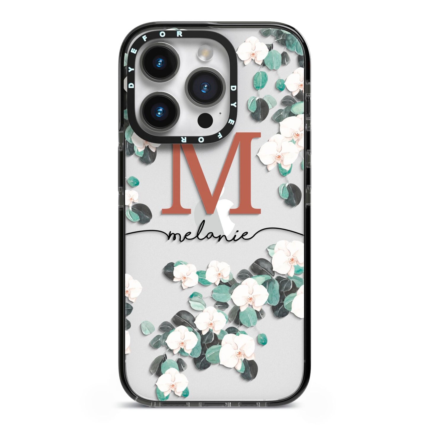 Personalised Orchid iPhone 14 Pro Black Impact Case on Silver phone