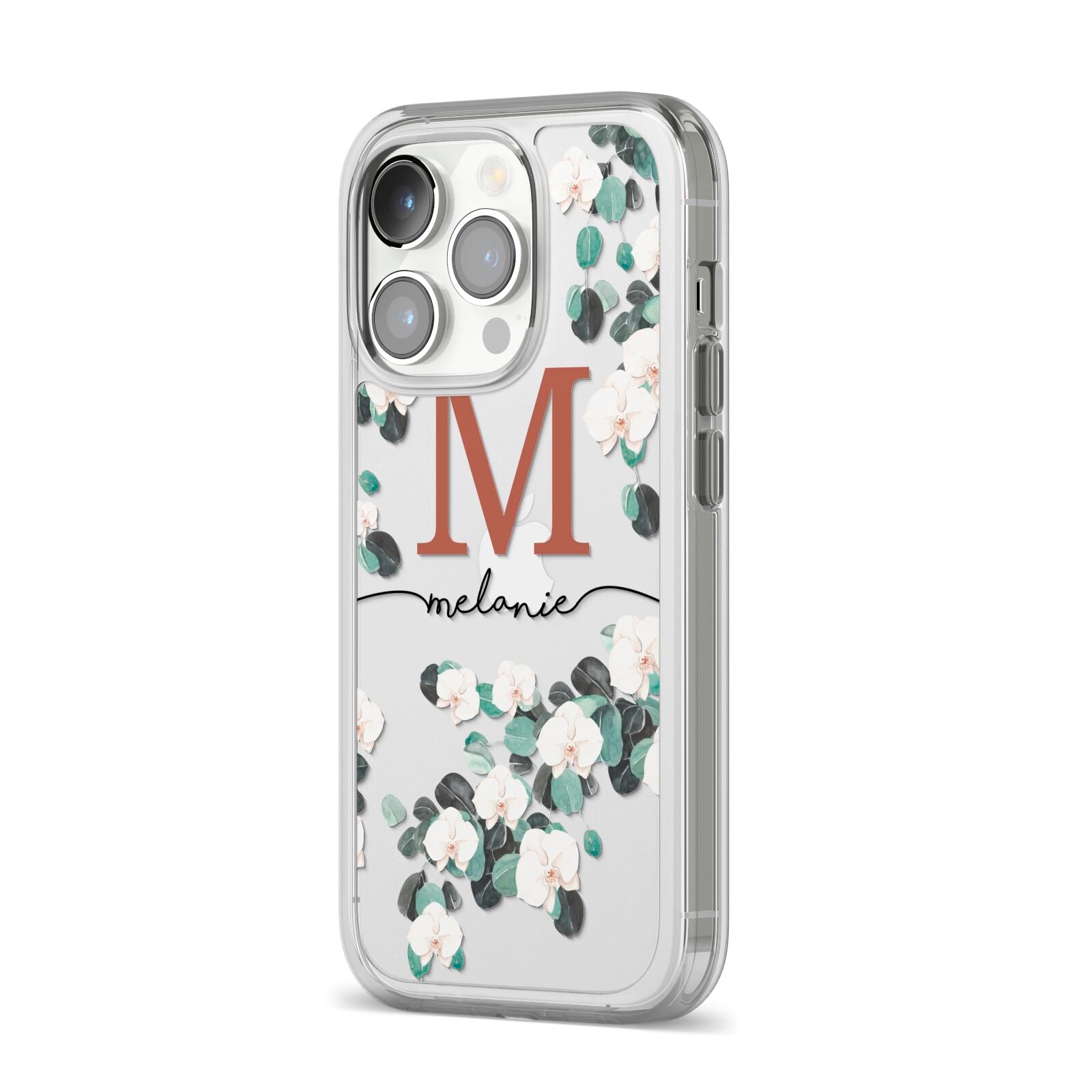 Personalised Orchid iPhone 14 Pro Clear Tough Case Silver Angled Image