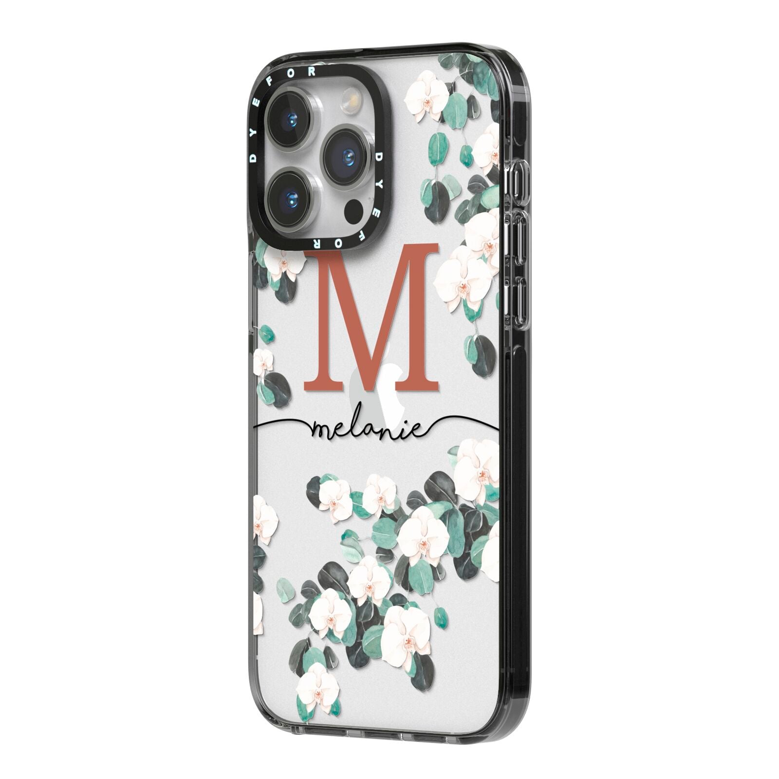Personalised Orchid iPhone 14 Pro Max Black Impact Case Side Angle on Silver phone