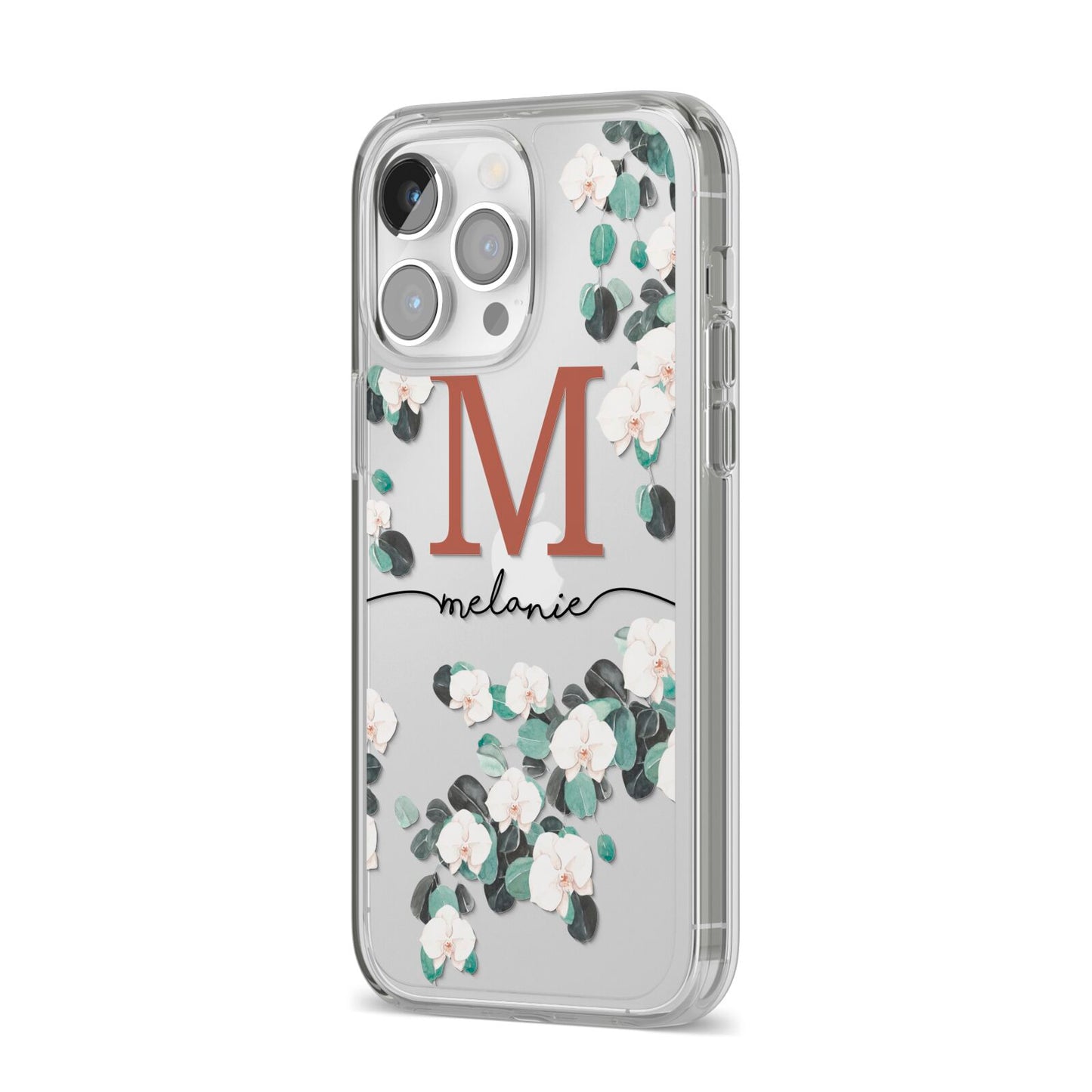 Personalised Orchid iPhone 14 Pro Max Clear Tough Case Silver Angled Image