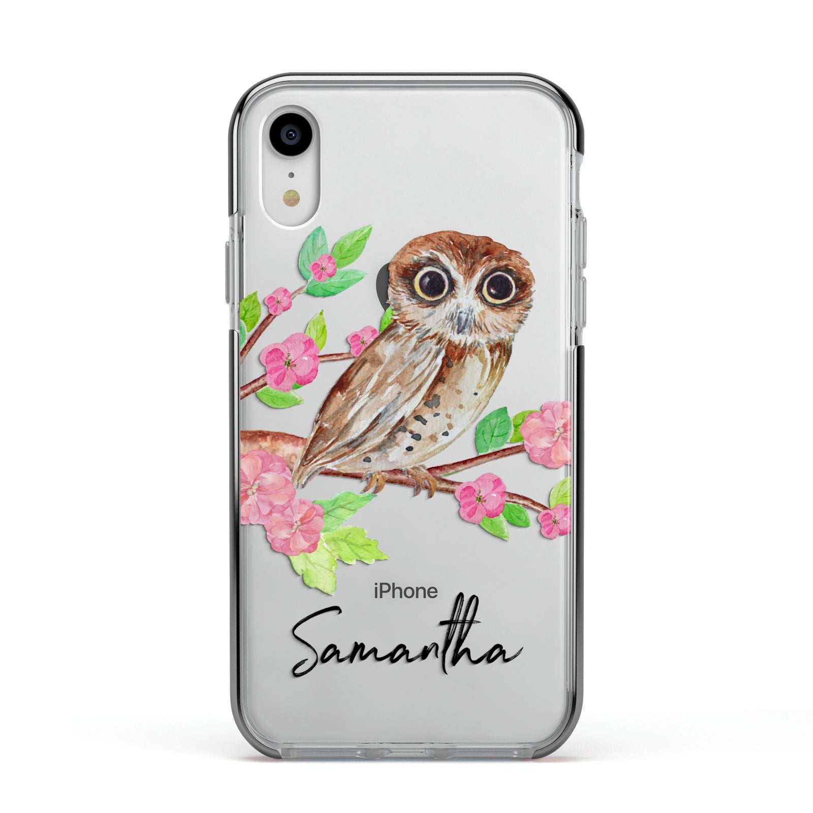 Personalised Owl Apple iPhone XR Impact Case Black Edge on Silver Phone