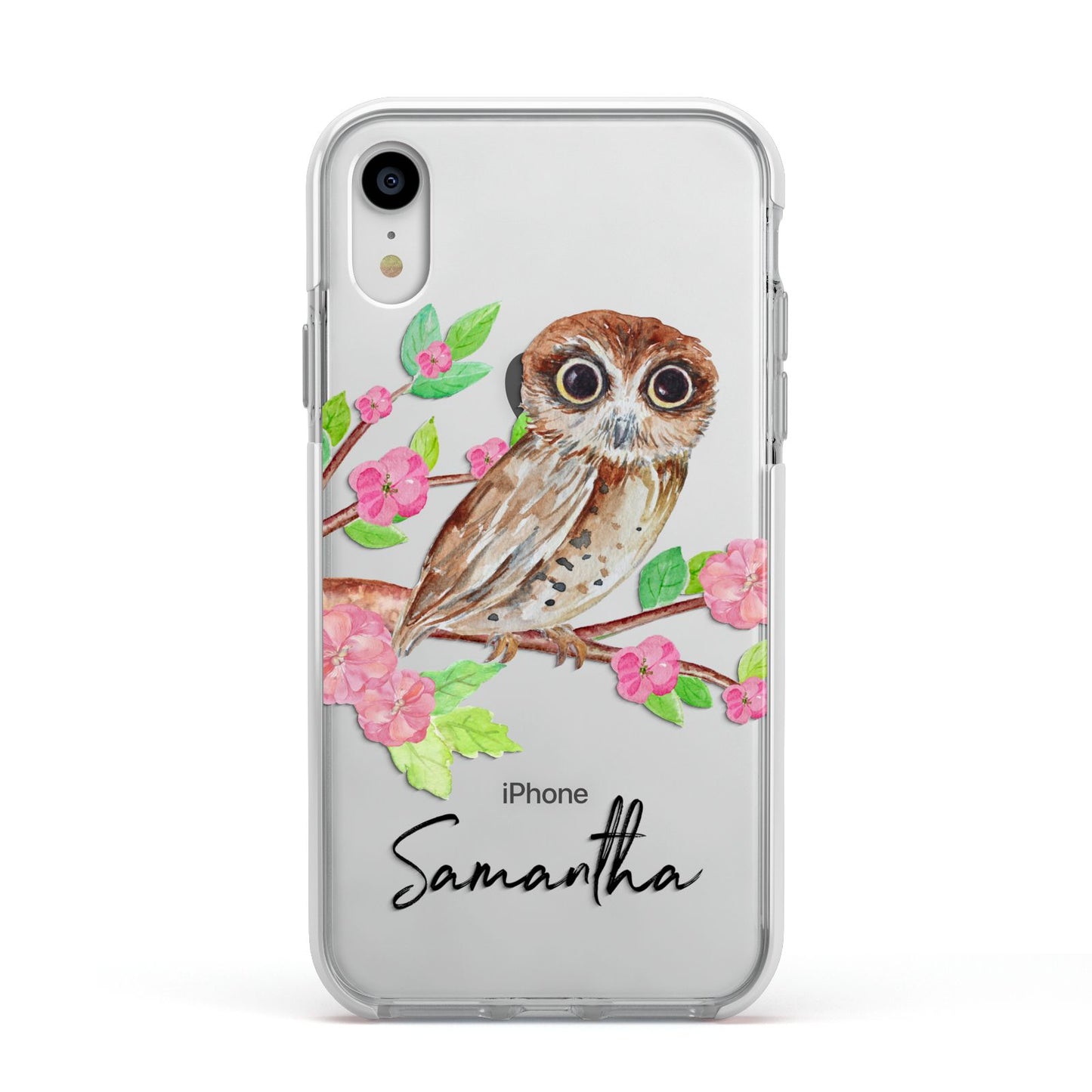 Personalised Owl Apple iPhone XR Impact Case White Edge on Silver Phone
