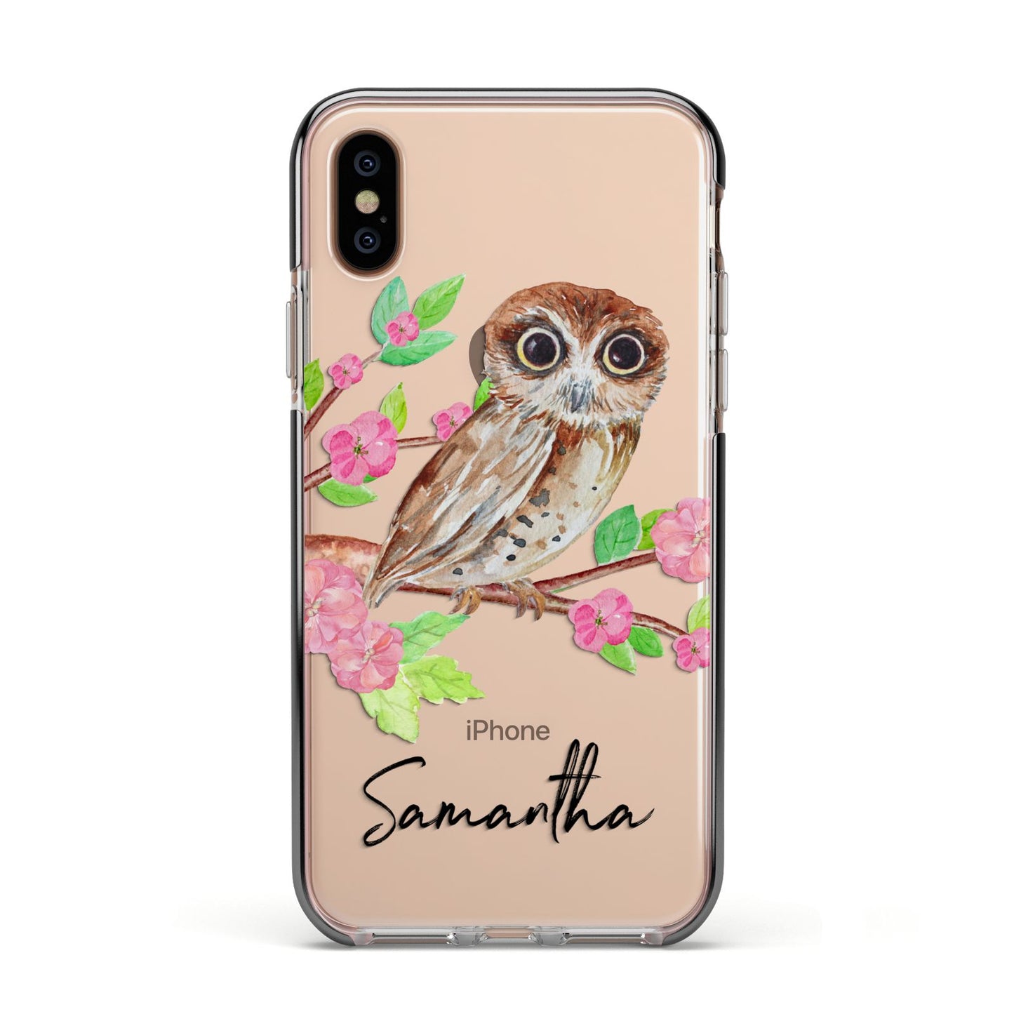 Personalised Owl Apple iPhone Xs Impact Case Black Edge on Gold Phone