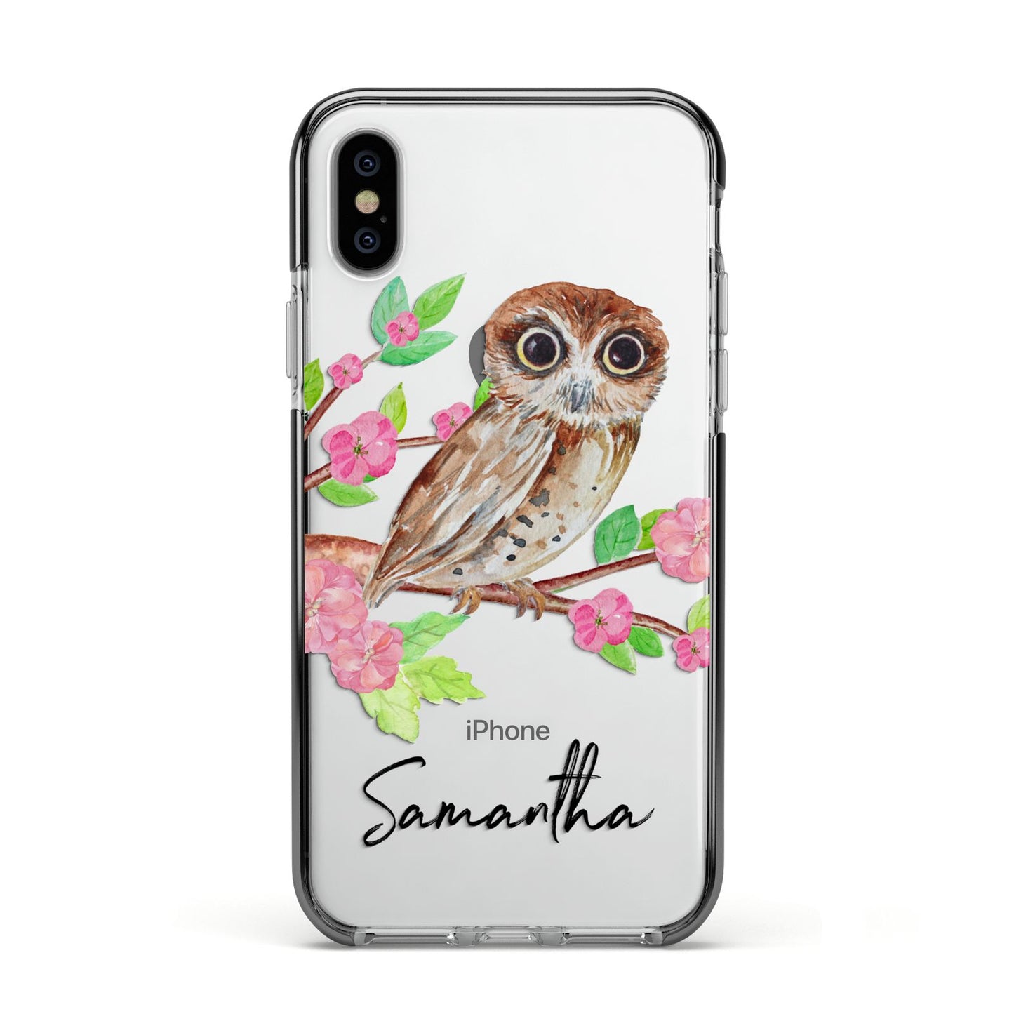 Personalised Owl Apple iPhone Xs Impact Case Black Edge on Silver Phone