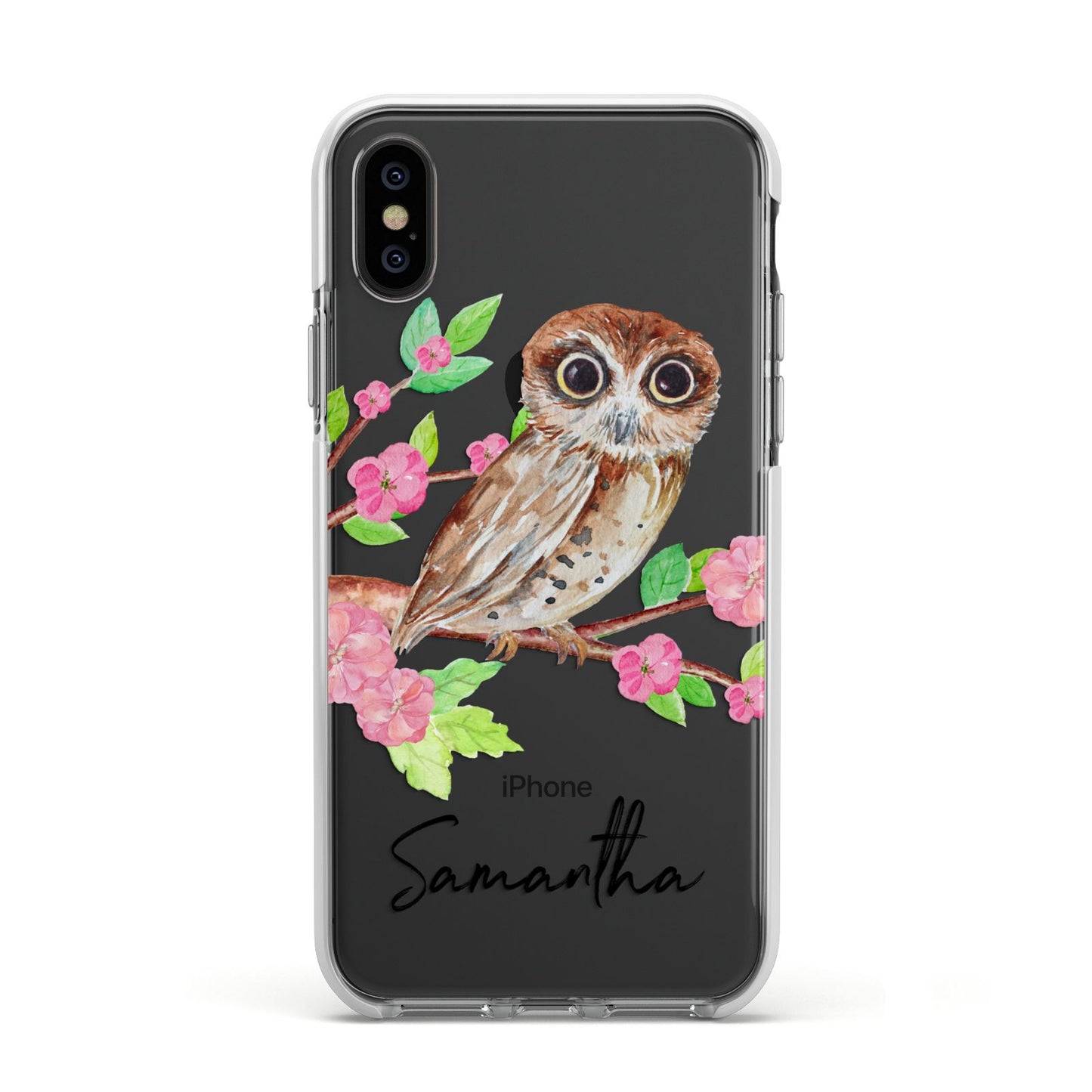 Personalised Owl Apple iPhone Xs Impact Case White Edge on Black Phone