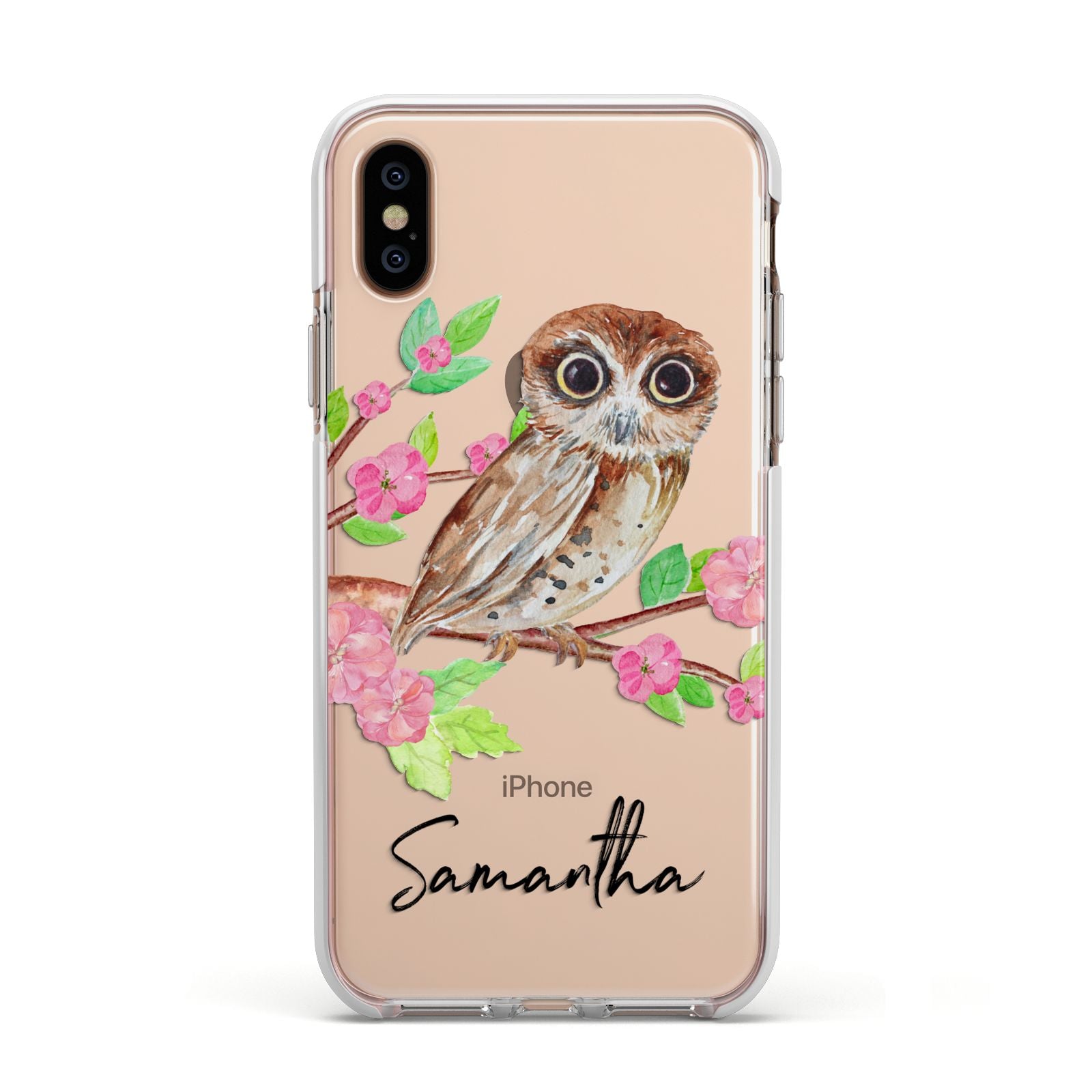 Personalised Owl Apple iPhone Xs Impact Case White Edge on Gold Phone