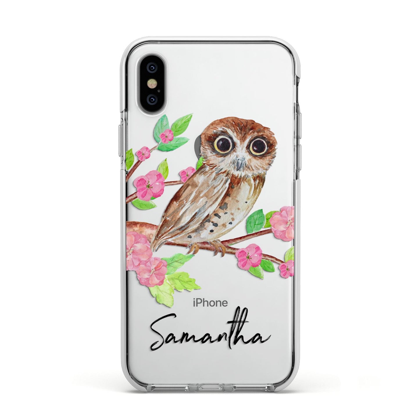 Personalised Owl Apple iPhone Xs Impact Case White Edge on Silver Phone