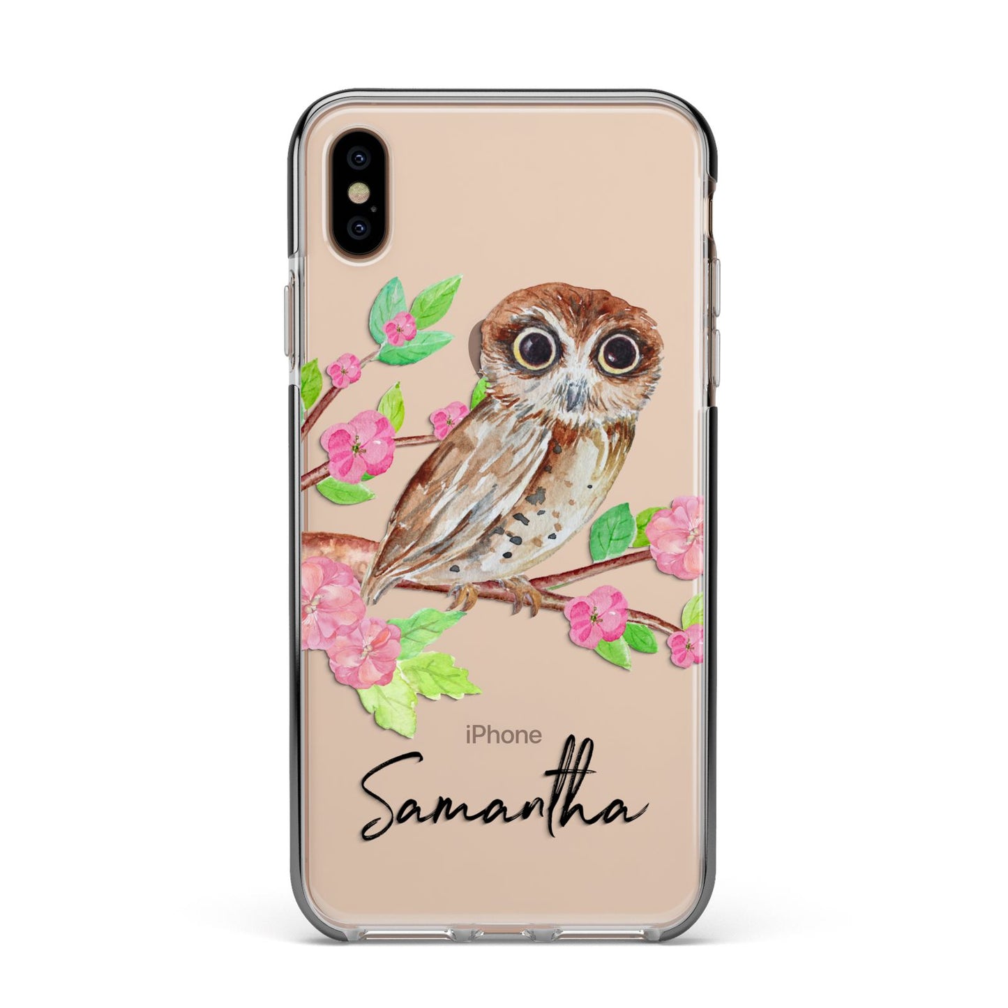 Personalised Owl Apple iPhone Xs Max Impact Case Black Edge on Gold Phone