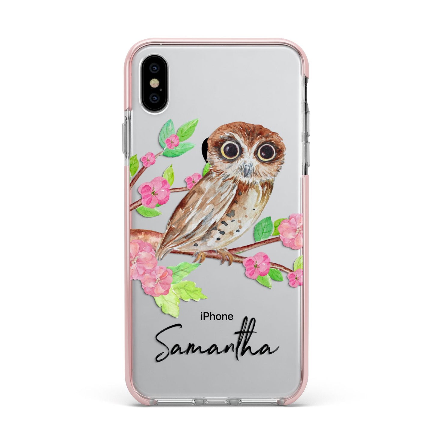Personalised Owl Apple iPhone Xs Max Impact Case Pink Edge on Silver Phone