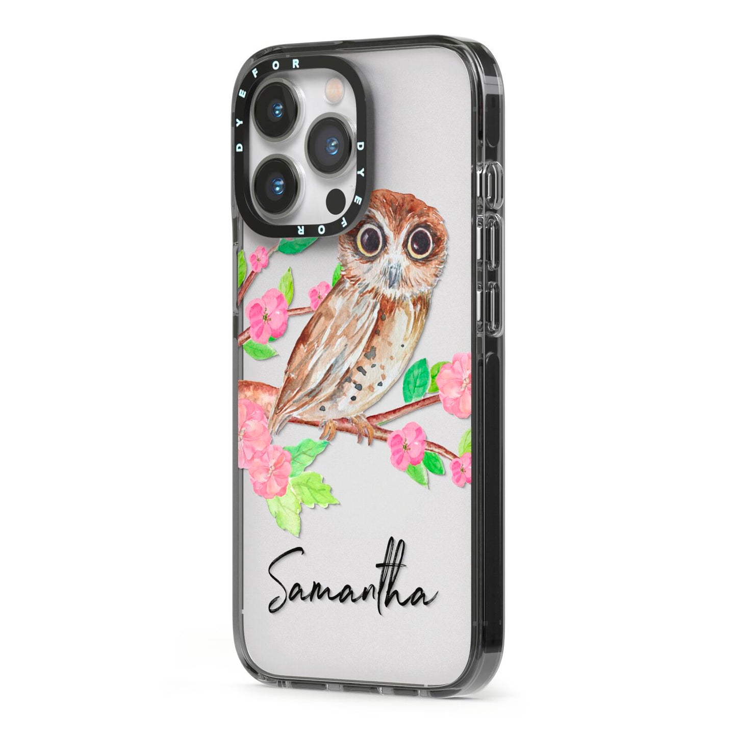 Personalised Owl iPhone 13 Pro Black Impact Case Side Angle on Silver phone