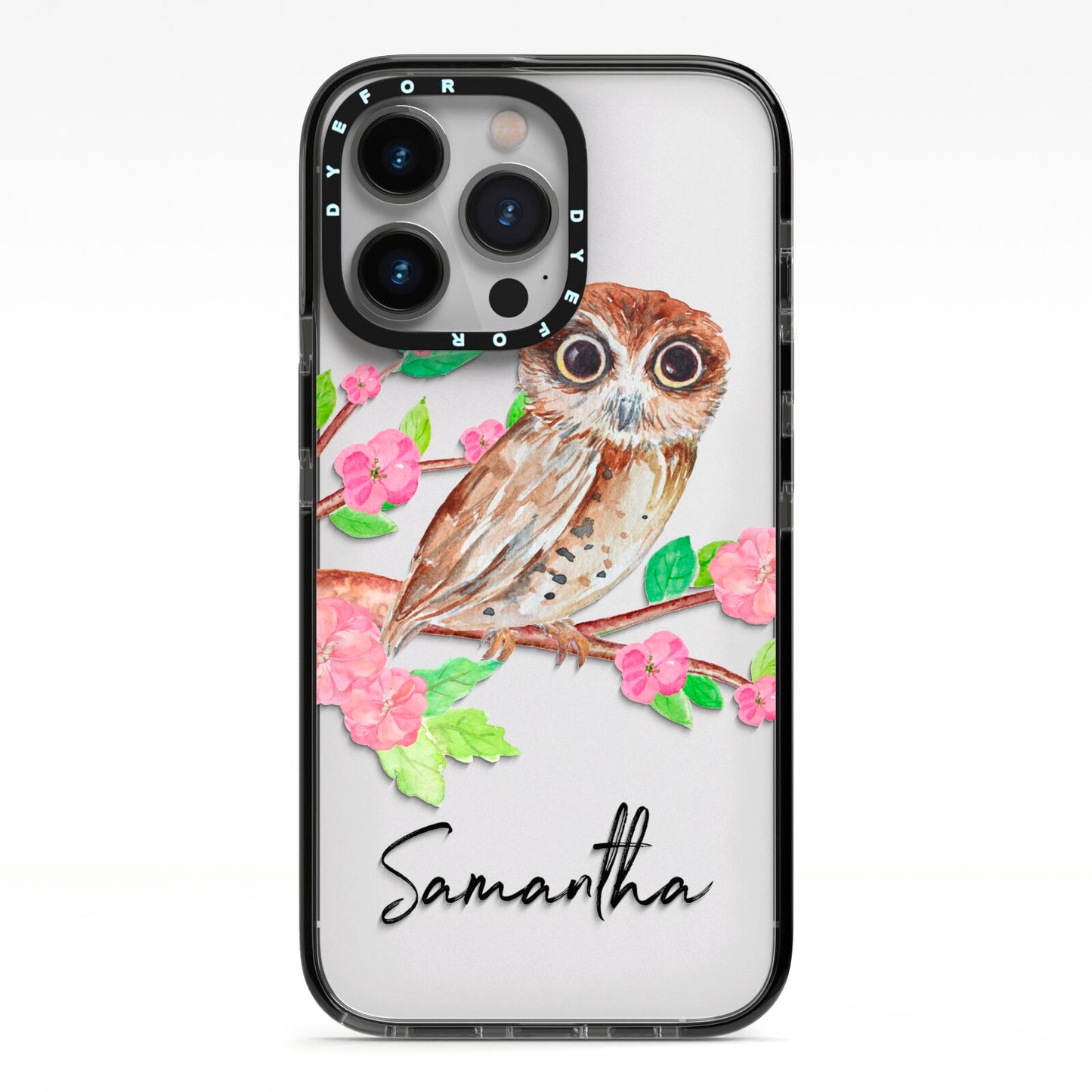 Personalised Owl iPhone 13 Pro Black Impact Case on Silver phone