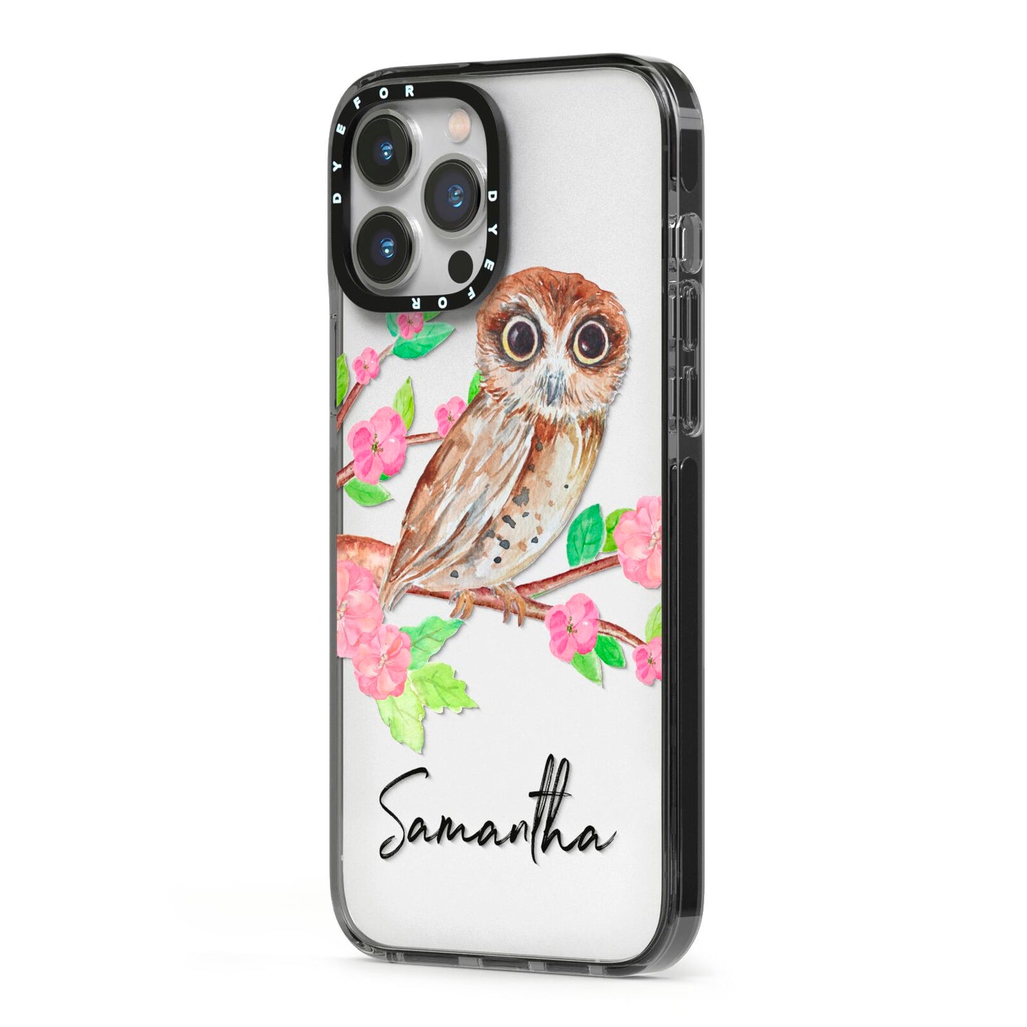 Personalised Owl iPhone 13 Pro Max Black Impact Case Side Angle on Silver phone
