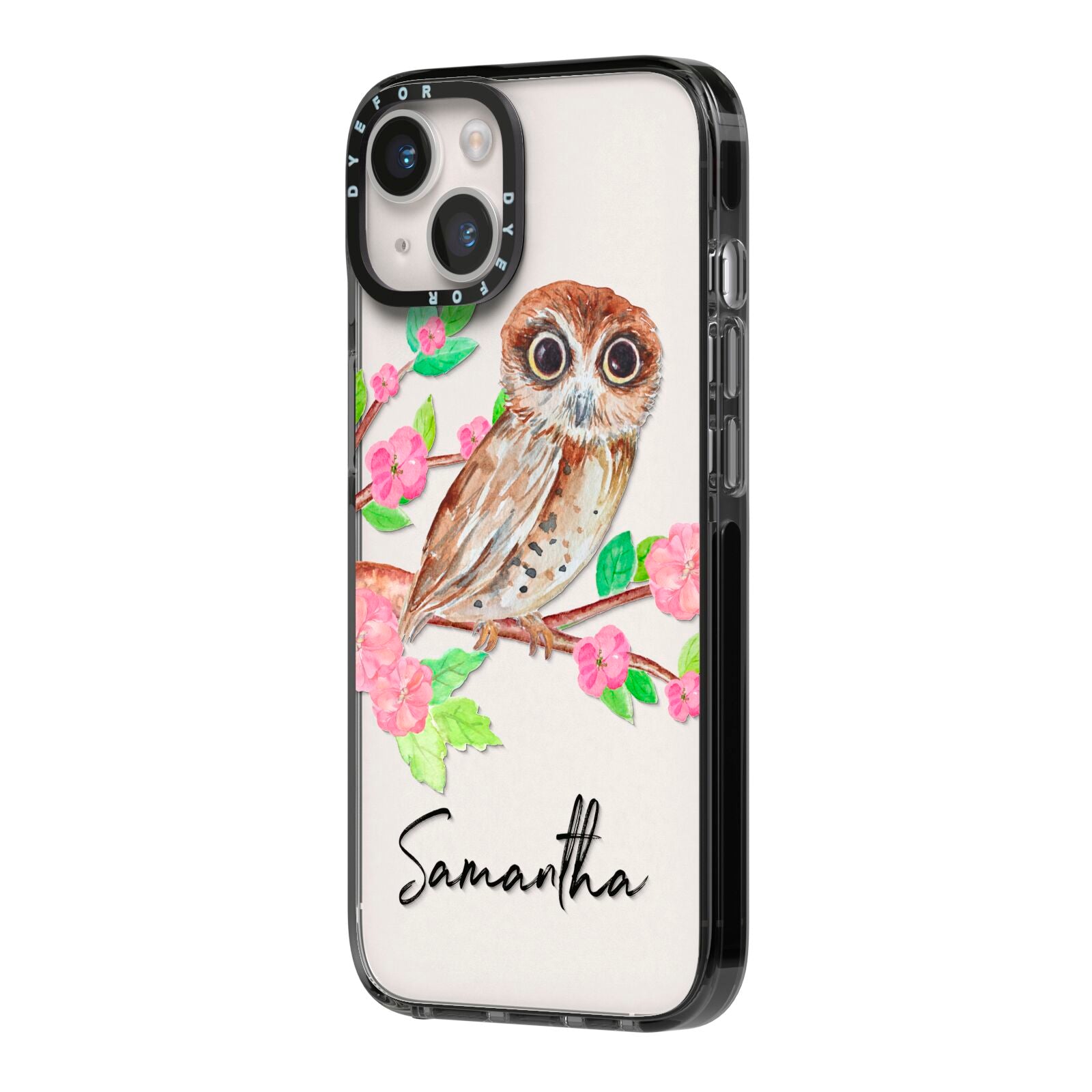 Personalised Owl iPhone 14 Black Impact Case Side Angle on Silver phone